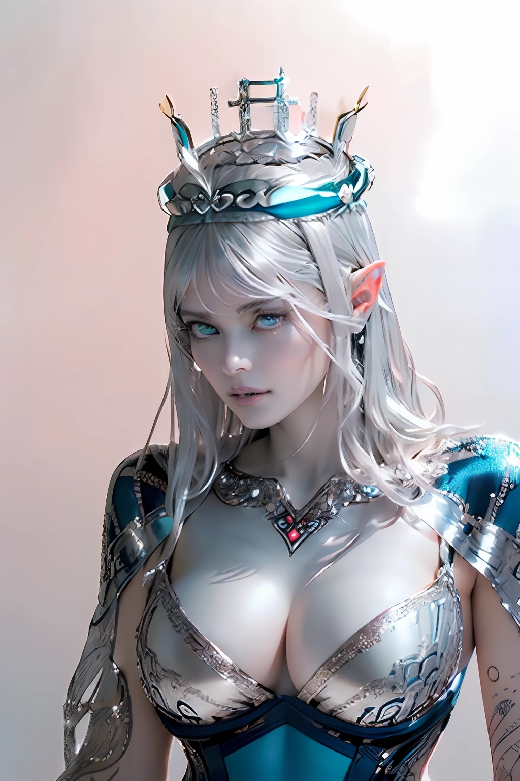 Ultra-detailed complex 3D rendering of the face, (masterpiece, top quality, octane rendering,), glamour shots full body image, very beautiful young elves, cleavage, (highly detailed skin: 1.2), (exposure: 1.1), ((blue micro bikini: 1.95)))). , 8k, (((very soft breasts)), (((conspicuous large pink areola)), beautiful Caucasian woman with white skin with full soft breasts with big buttocks, one, long braided hair, big breasts, dynamic angles, (((huge breasts: 2.4)), ultra-realistic photos, ((((((silver hair)))), futuristic urban background, facial muscles, (((((detailed and glamorous silver crown)))), In the style of Marvel Comics, ArtStation Trends, Clear Focus, Intricate Details, Very Detailed, Detailed Green Eyes, Sharp Focus, Digital Rendering, Professional, Abs, Lip Gloss, Glossy Skin, Sexy Pose, Golden Tattoo All Over Body, Silver Pattern All Over Body, Silver Lame Skin, Gold Glitter Skin, Mansuji, Buttocks, Jeweled All Over the Body, with silver scales, silver hair,