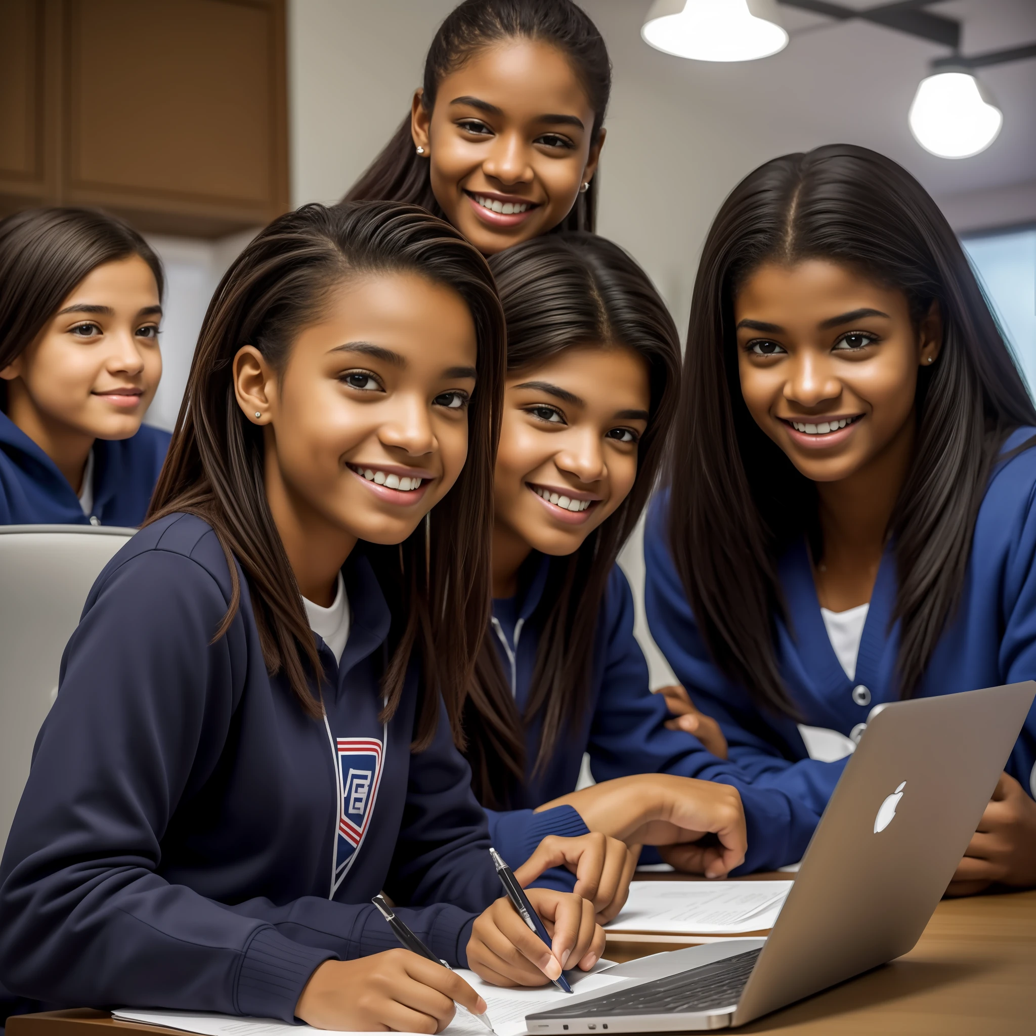 Hyper-realistic, high-resolution image depicting a diverse group of black public school students, with a mean age of 17 years, trabalhando em um projeto de impacto social. Eles devem estar em uma sala de estar com uma cozinha ao fundo, wearing sweaters and pants, engaged in various activities - writing, discutindo, apontando para diagramas e usando laptops. The main focus of the image should be a black student with a detailed face as in a photo and visible teeth, and a slightly larger head (escala 1.1). A pele deste estudante deve ser detalhada e intrincada, destacando poros e nuances de cor. Lighting should be directional and high dynamic range, talvez vindo de uma janela, providing a sharp focus on students and the environment. Image content should be appropriate for all ages (SFW). Esforce-se para um realismo extremo, chegando ao hiper-realismo, e assegure a mais alta qualidade (1.3) with a high level of detail (1.1).