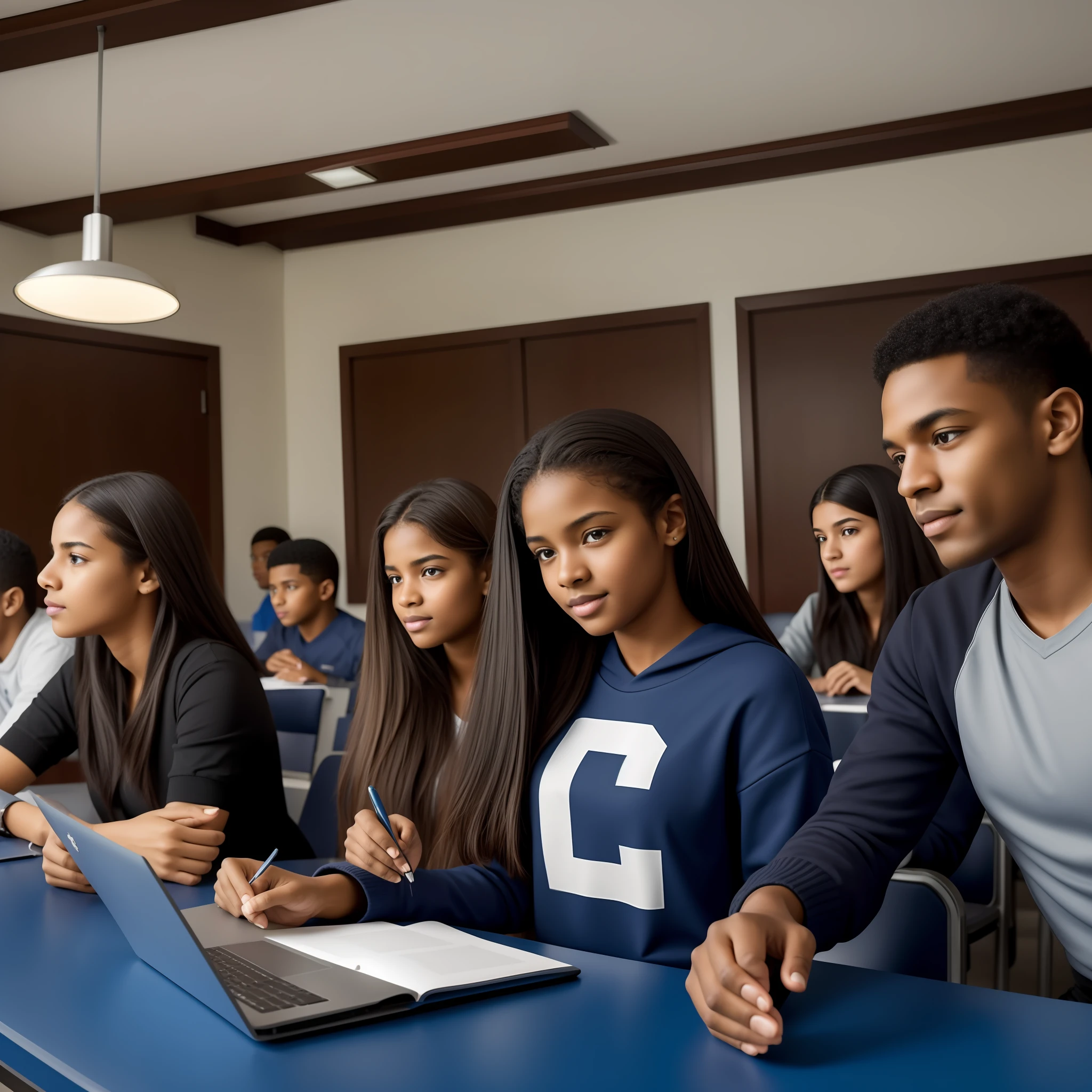 Hyper-realistic, high-resolution image depicting a diverse group of black public school students, with a mean age of 17 years, trabalhando em um projeto de impacto social. Eles devem estar em uma sala de estar com uma cozinha ao fundo, wearing sweaters and pants, engaged in various activities - writing, discutindo, apontando para diagramas e usando laptops. The main focus of the image should be a black student with a detailed face as in a photo and visible teeth, and a slightly larger head (escala 1.1). A pele deste estudante deve ser detalhada e intrincada, destacando poros e nuances de cor. Lighting should be directional and high dynamic range, talvez vindo de uma janela, providing a sharp focus on students and the environment. Image content should be appropriate for all ages (SFW). Esforce-se para um realismo extremo, chegando ao hiper-realismo, e assegure a mais alta qualidade (1.3) with a high level of detail (1.1).