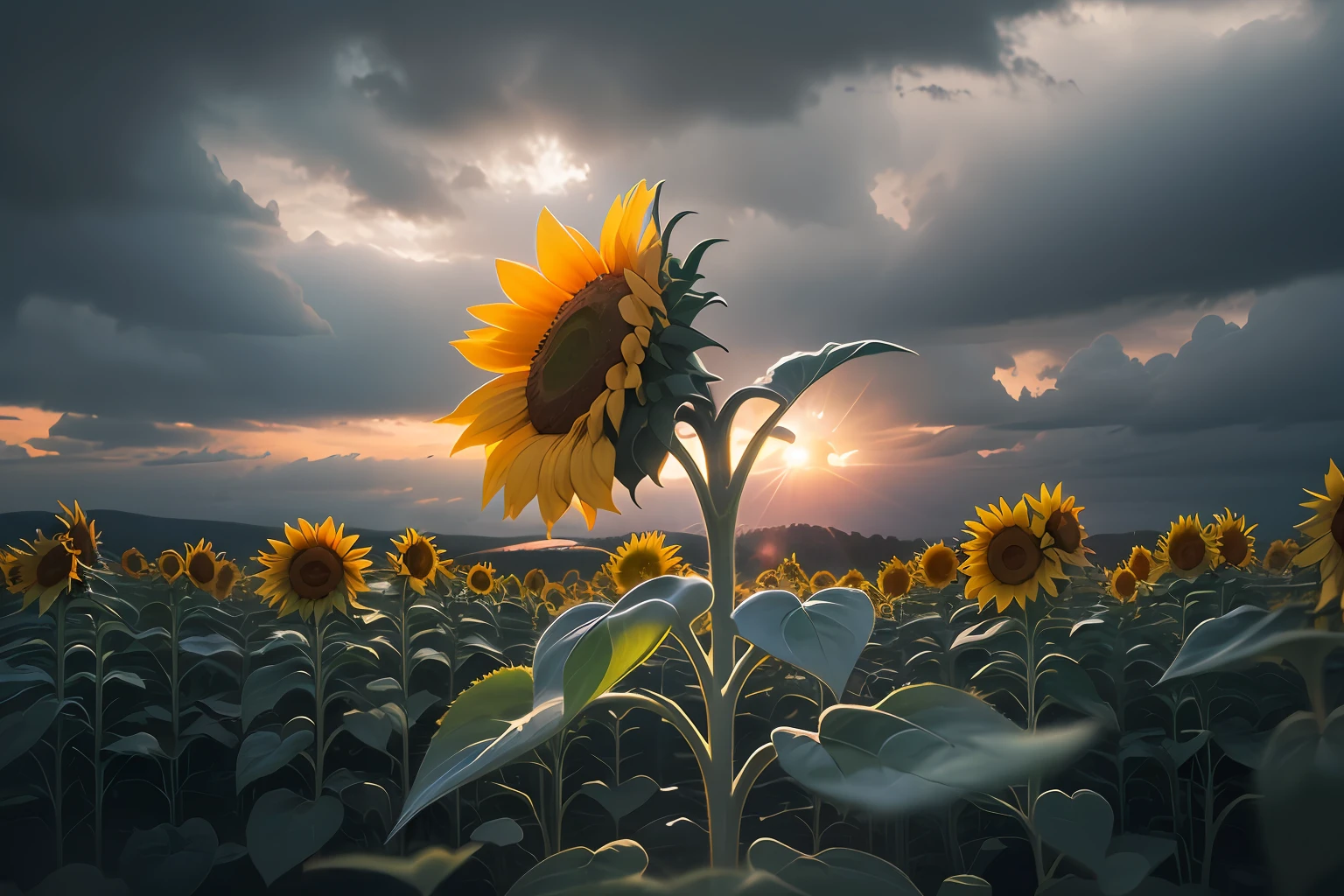 ((masterpiece)), ((a solitary sunflower)), that despite the day ending, continues tirelessly turning in search of the sun, (spring weather), moody atmosphere, bokeh, lens flare, film grain, Cinematic (Intricate Cloudy Sky)