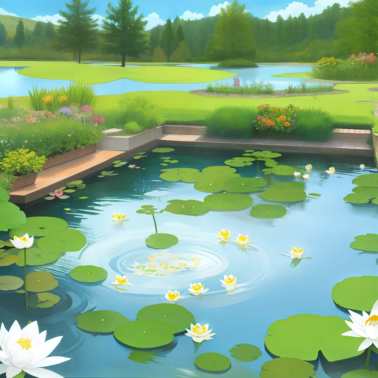 pencil colors, white lotuses, pond, water, sunshine