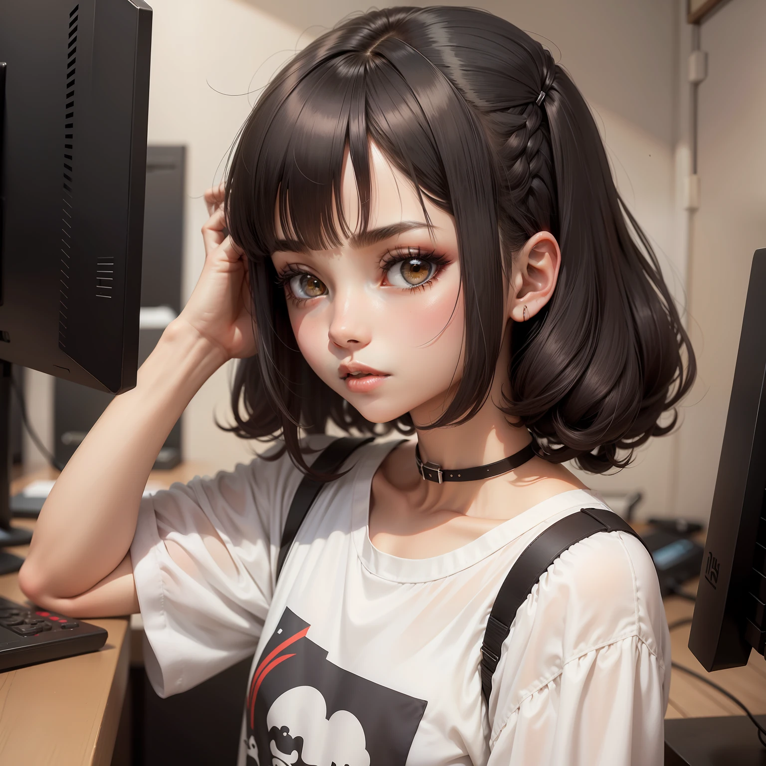 menina cabelo curto com franja e pincer na sobrancelha, anime, gamer, cabelo curto, franja,cabelo castanho, olhos escuros, olhos pretos, pincer, cabelo curtinho,franja, pincer