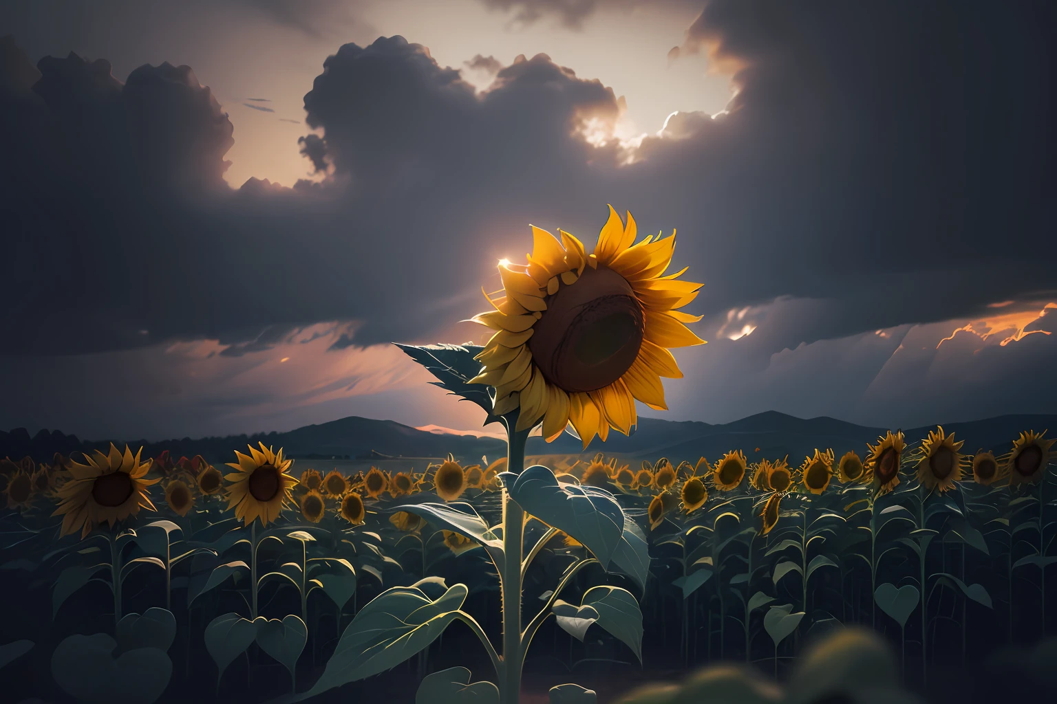 ((masterpiece)), ((a solitary sunflower)), that despite the day ending, continues tirelessly turning in search of the sun, (spring weather), moody atmosphere, bokeh, lens flare, film grain, Cinematic (Intricate Cloudy Sky)