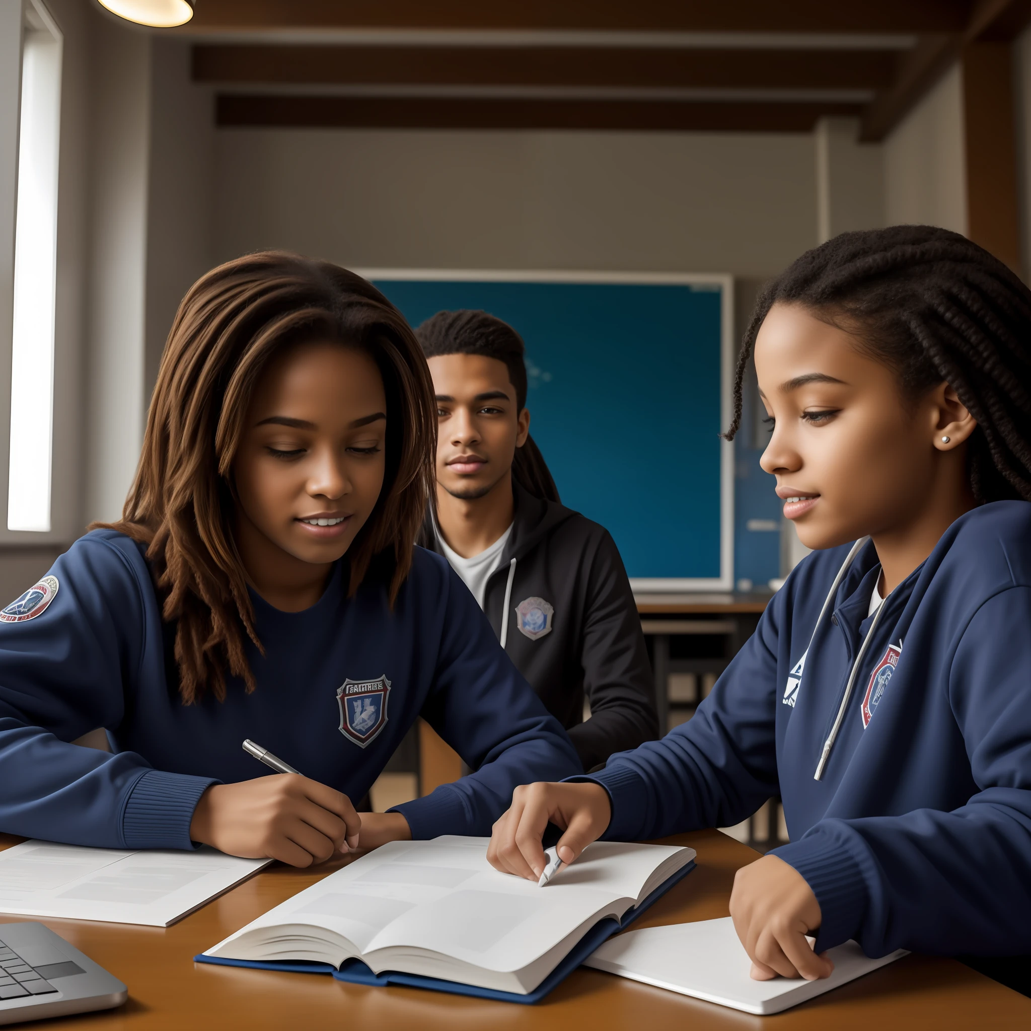 Hyper-realistic, high-resolution image depicting a diverse group of black public school students, with a mean age of 17 years, trabalhando em um projeto de impacto social. Eles devem estar em uma sala de estar com uma cozinha ao fundo, wearing sweaters and pants, engaged in various activities - writing, discutindo, apontando para diagramas e usando laptops. The main focus of the image should be a black student with a detailed face as in a photo and visible teeth, and a slightly larger head (escala 1.1). A pele deste estudante deve ser detalhada e intrincada, destacando poros e nuances de cor. Lighting should be directional and high dynamic range, talvez vindo de uma janela, providing a sharp focus on students and the environment. Image content should be appropriate for all ages (SFW). Esforce-se para um realismo extremo, chegando ao hiper-realismo, e assegure a mais alta qualidade (1.3) with a high level of detail (1.1)."