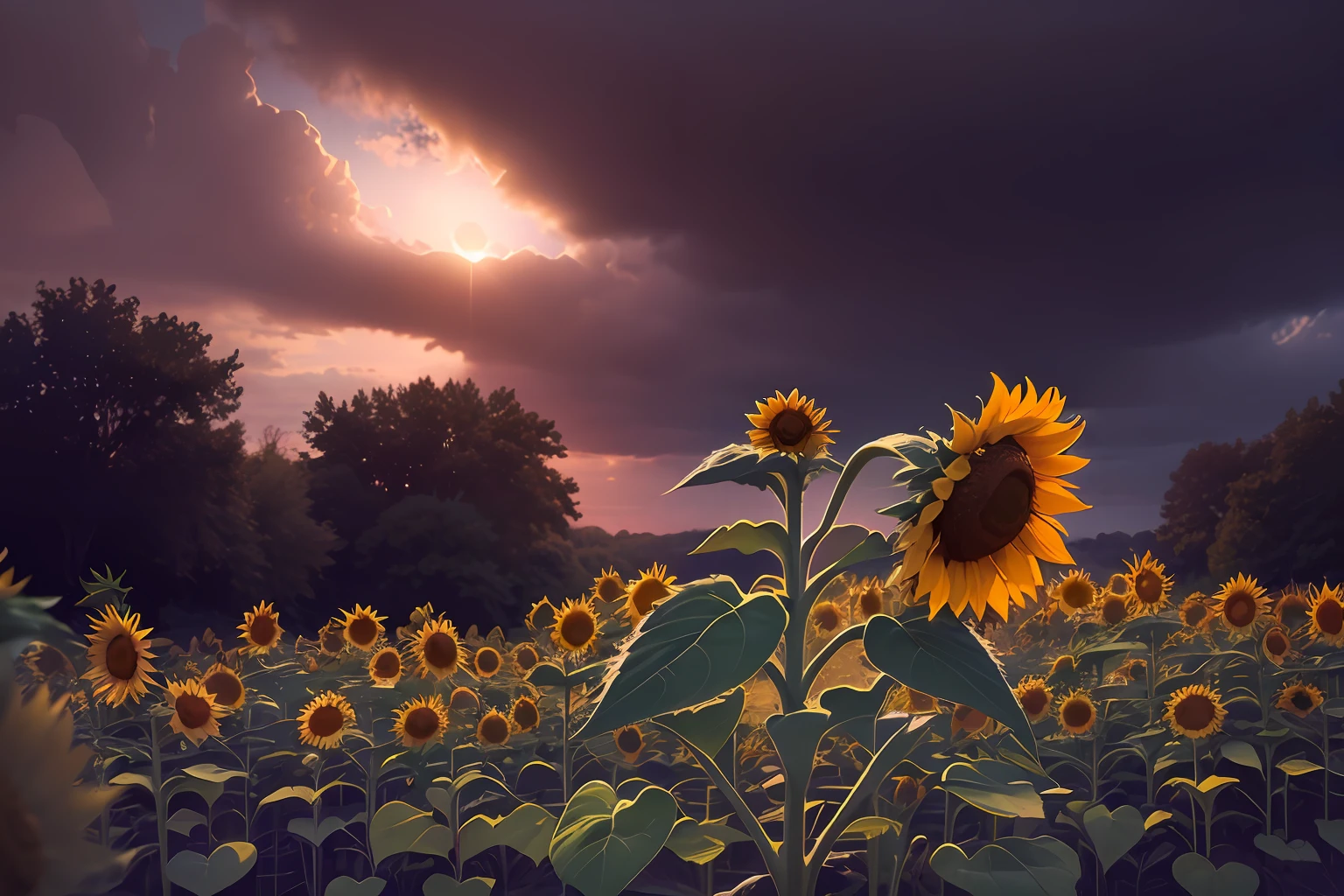 ((masterpiece)), ((a solitary sunflower)), that despite the day ending, continues tirelessly turning in search of the sun, (spring weather), moody atmosphere, bokeh, lens flare, film grain, Cinematic (Intricate Cloudy Sky)