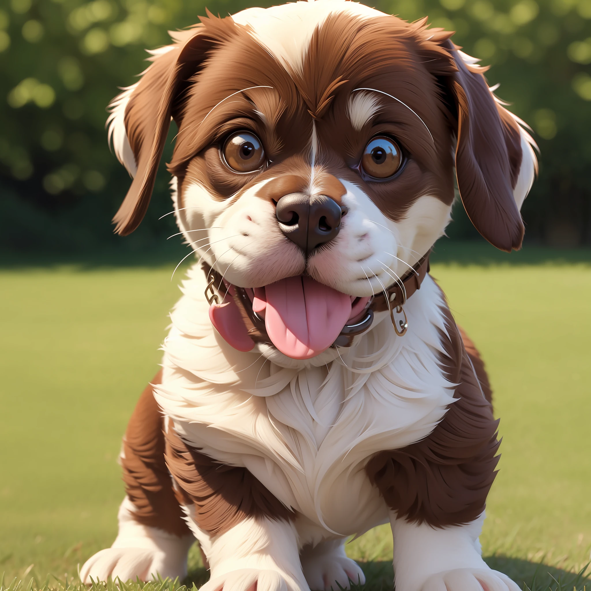 High quality, best quality, masterpiece, 1 cute white and brown puppy dog with big brown patches, smiling with tongue hanging out of one side of mouth, walking in park, big brown eyes, looking at the viewer.