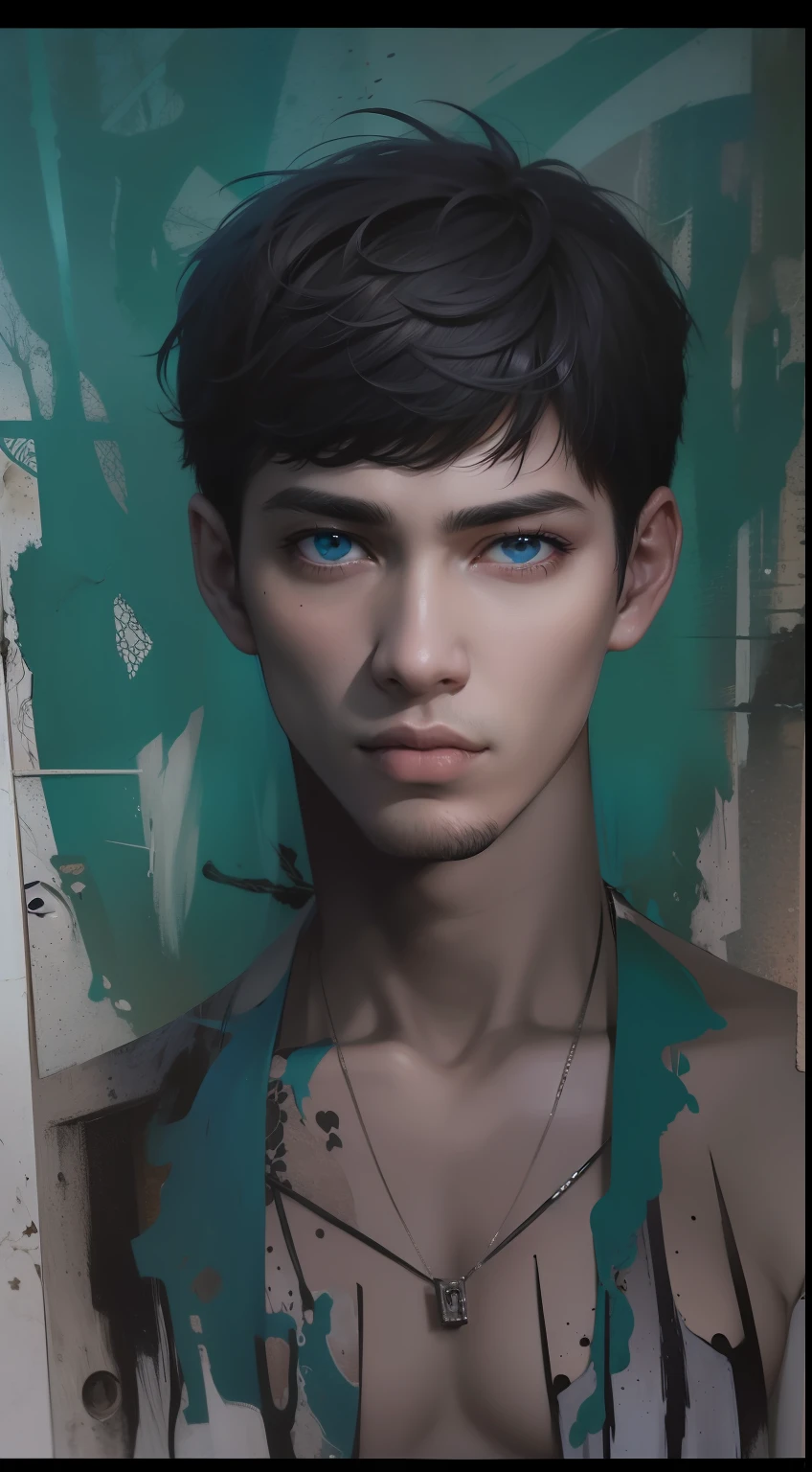 Obra de arte Dark, hombre 1, 19-year-old, cabello azabache, cabellos rizados y semi corto, ojos negros con resplandor azul, piel blanca, nariz perfilada, rasgos faciales Europeos, un gran abrigo negro similar a detective, jeans grises con cortadas en las rodillas, zapatas blancos con suelas desgastadas, brave expression, fuego azul a su alrededor, un bosque aterrador,