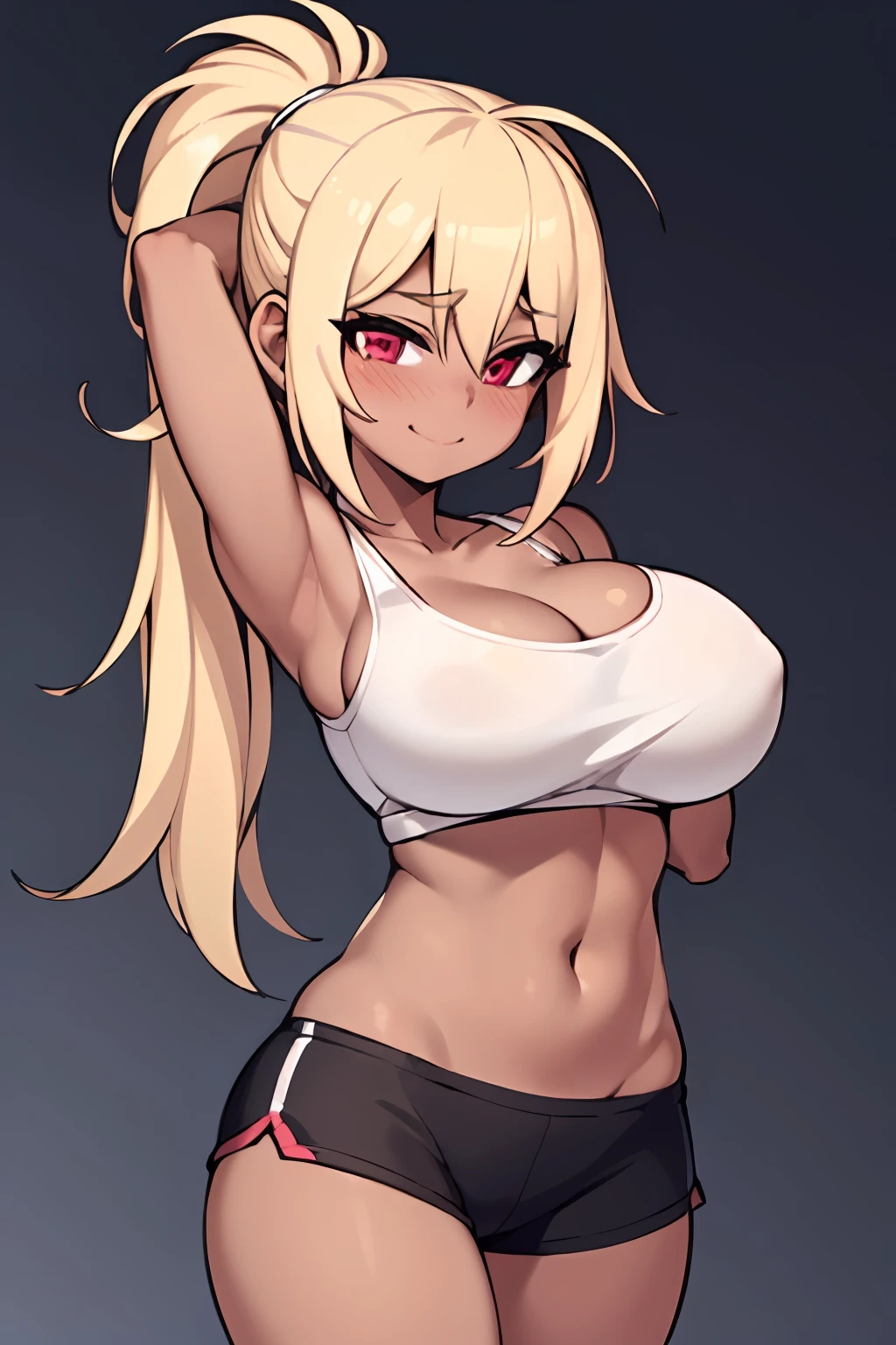 1girl, (ultra detailed:1.2), solo, (full body), (blonde hair hair:1.2), dark eyes, (blush), smile, closed mouth, wind effect, ponytail, embarrassed, (detailed background), 8K CG, (big breasts), dark skin, white tanktop, pink gym shorts