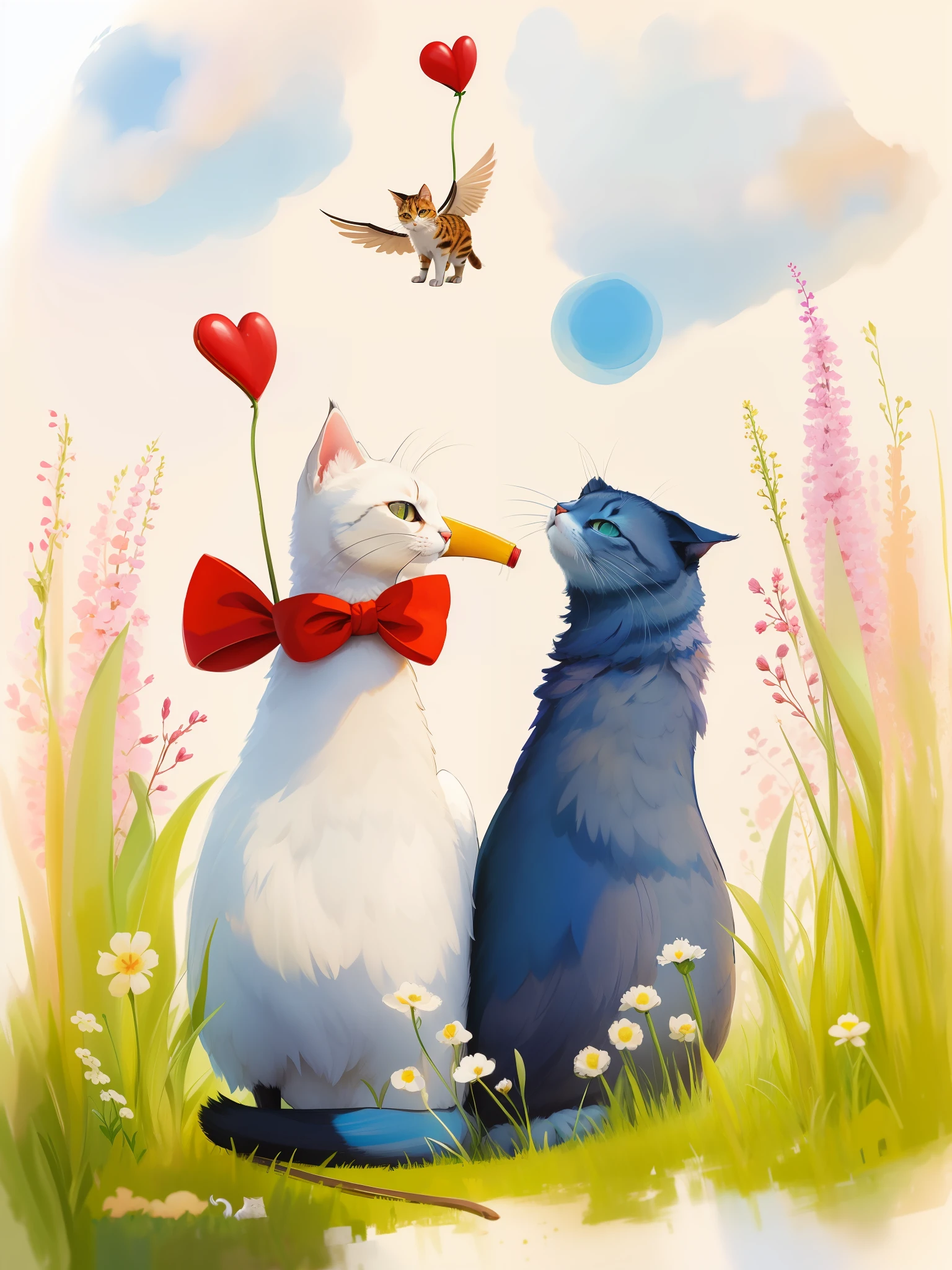 Painting of a couple of cats and a bird in a field, arte caprichosa, inspirado em Gillis d'Hondecoeter, inspirado em Beatrix Potter, Hangout da tarde, they are in love, inspirado em Gijsbert d'Hondecoeter, inspirado em John Anster Fitzgerald, Directed by: Elaine Hamilton, Encontro dos Gatos, Directed by: Janet Archer
