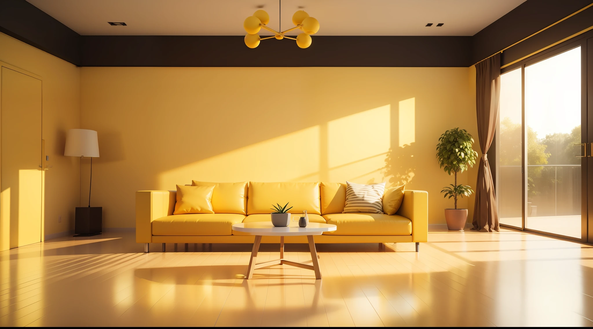 Simple 3D studio scenery with clean yellow floor and yellow wall, na parede uma forma circular 3d com varias pequenas lampadas, render 3D realista
