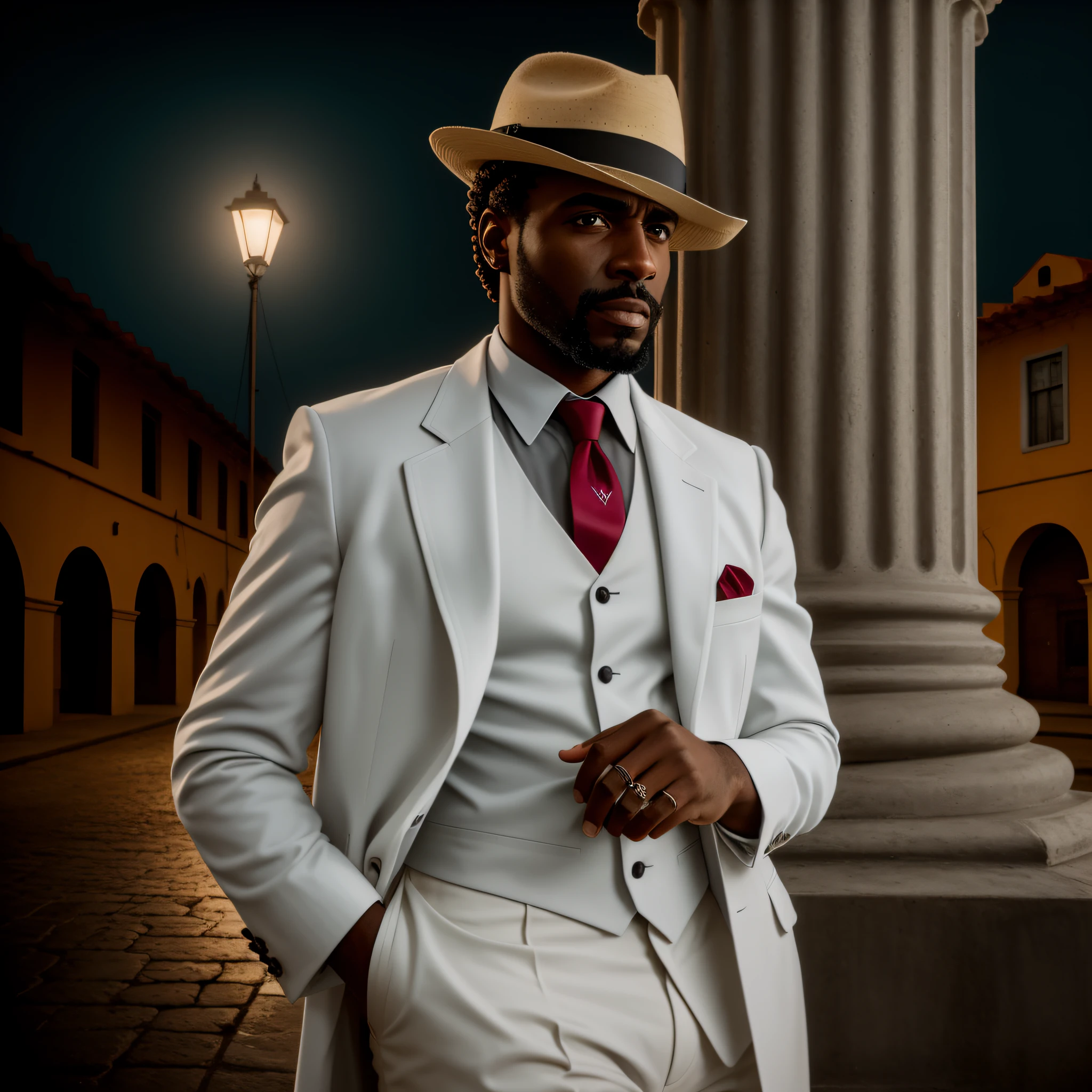 homem negro boemio da LAPA rio de janeiro, malandro, anos 1930, cabelo natural, retrato realista, 4k, detalhe supremo, altamente detalhado, artstation, suave, foco nítido, cinematic lighthing, Facing the camera squarely, studio dark, rim lighting, dual-tone lighting,