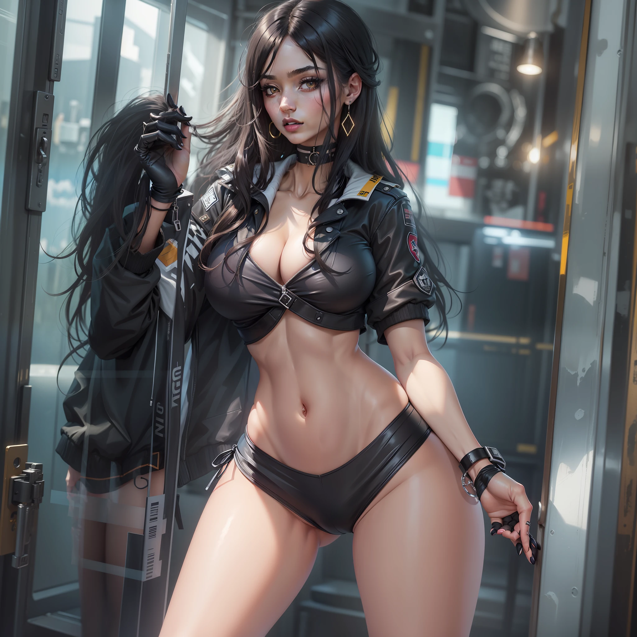 (masterpiece:1.2, best quality:1.2, beautiful, high quality, highres:1.1, aesthetic), detailed, extremely detailed, ambient soft lighting, 4K, perfect eyes, perfect face, perfect lighting, 1girl, bikini, bikini under clothes, black bikini, black choker, black gloves, black hair, black lips, black nails, black skirt, breasts, choker, cleavage, cropped jacket, cross, earrings, eyeliner, eyeshadow, fingerless gloves, gloves, hand on hip, highleg, highleg bikini, huge breasts, jacket, jewelry, lips, lipstick, long hair, makeup, microskirt, miniskirt, navel, open clothes, open jacket, skirt, sleeves pushed up, solo, standing, striped, striped bikini, striped thighhighs, swimsuit, thighhighs,