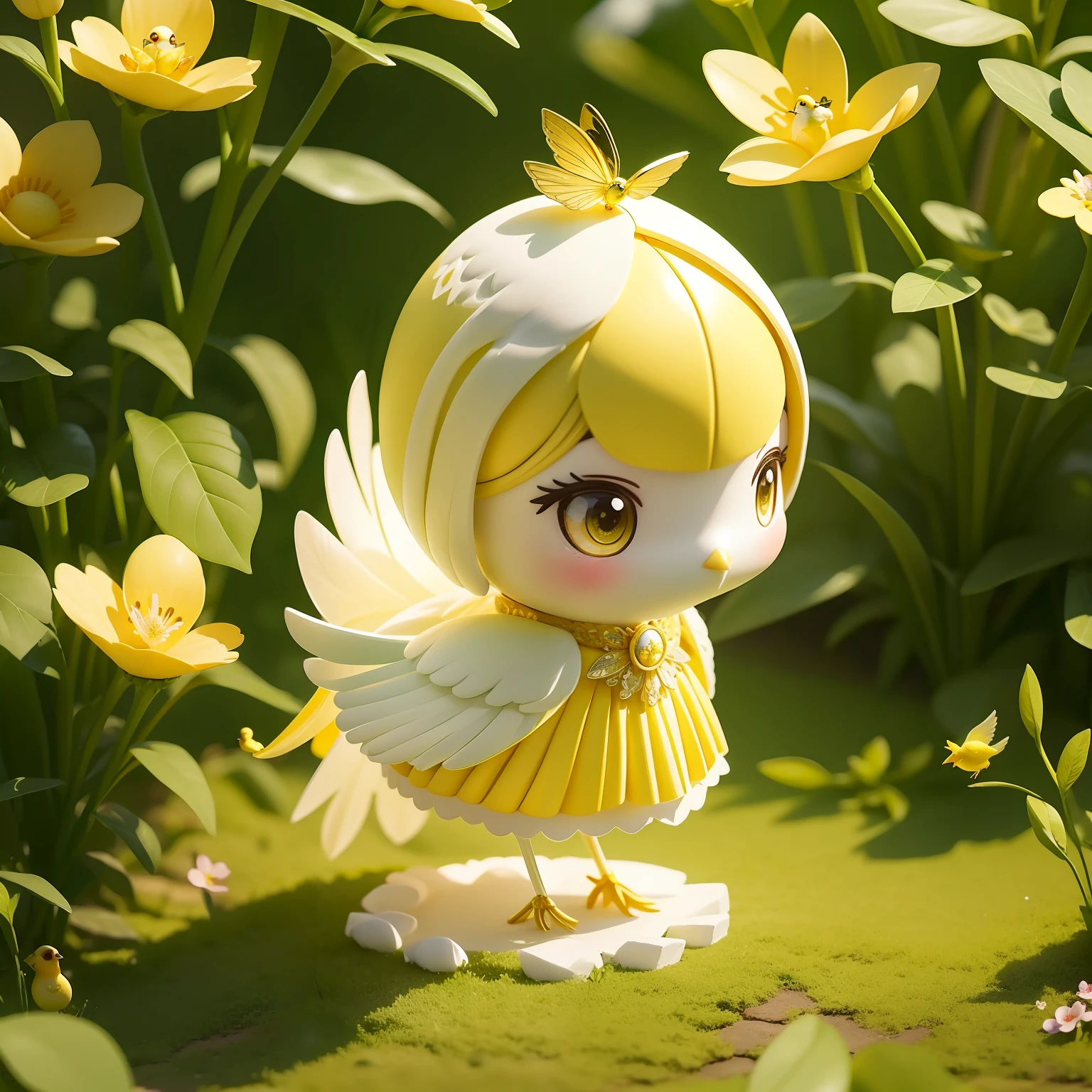 Mini bird in enchanted garden with various magical flowers, vestido com gliter colorido, chibi de alta qualidade. chibi bird, white bird with yellow, yellow bird with white.