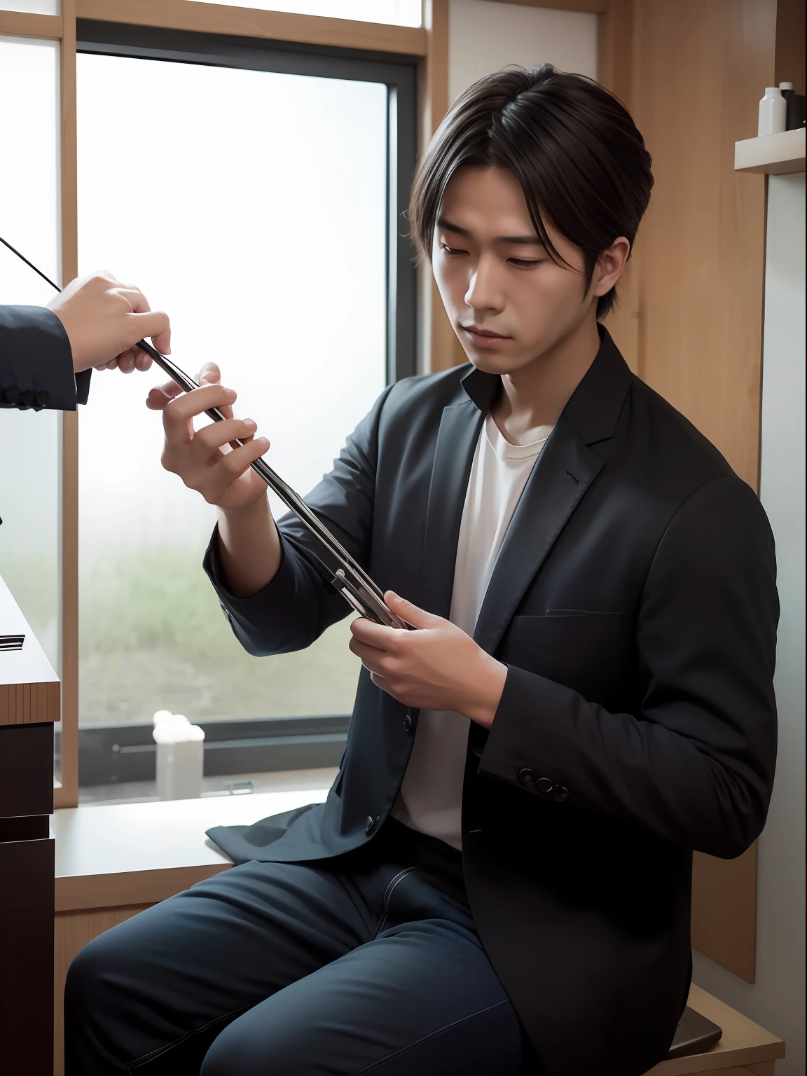 Realistic depiction in the style of Naoya Kuroshima，Best quality perfect fix，Naoya Kurishima plays a charming hairdresser，Medium build，A devastated futuristic world near a crashed Japanese train，He found himself struggling to survive in extreme conditions，Look for water or communication。