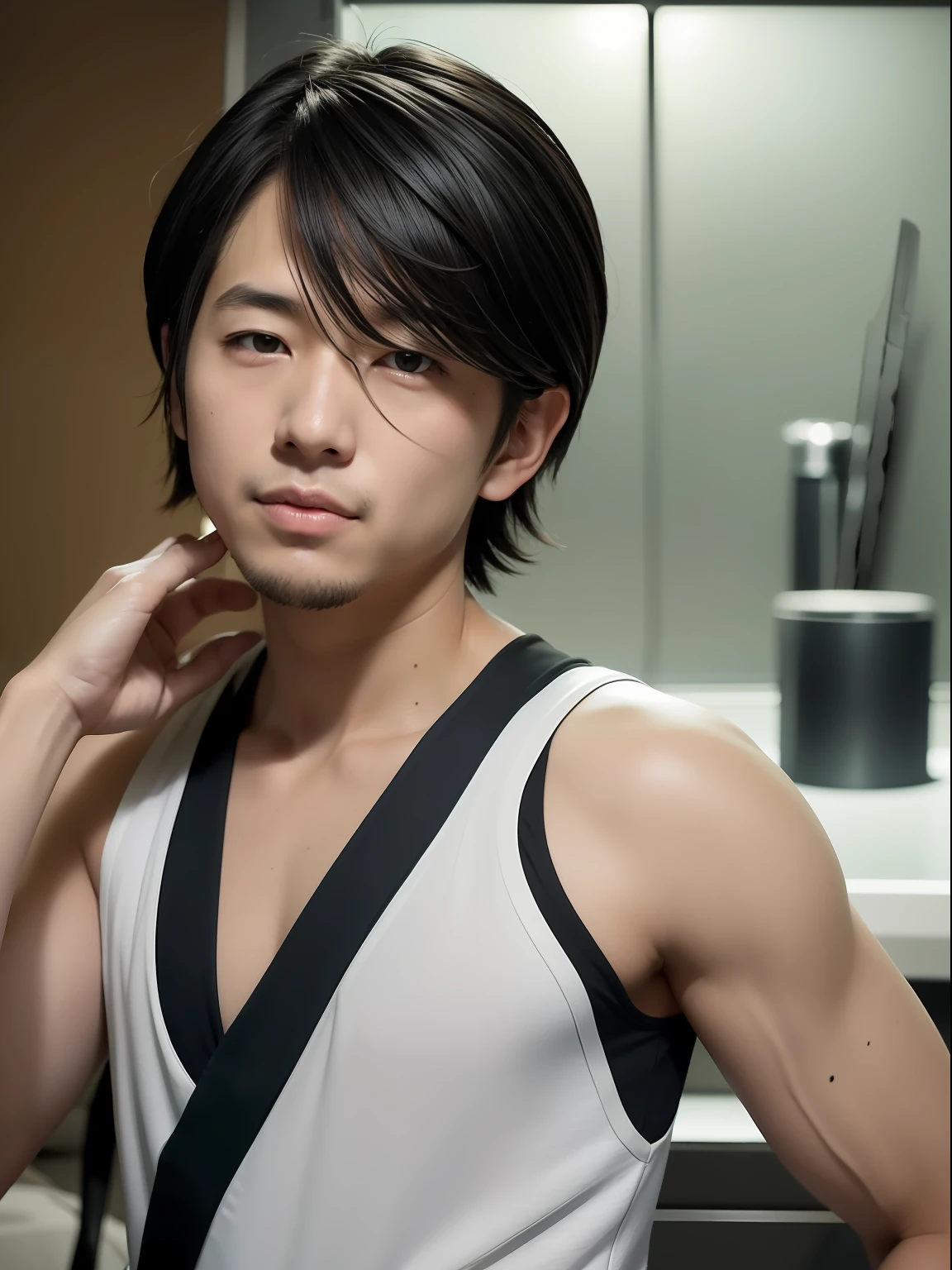 Realistic depiction in the style of Naoya Kuroshima,Best quality perfect fix,Naoya Kurishima plays a charming hairdresser,Medium build,A devastated futuristic world near a crashed Japanese train,He found himself struggling to survive in extreme conditions,Look for water or communication。