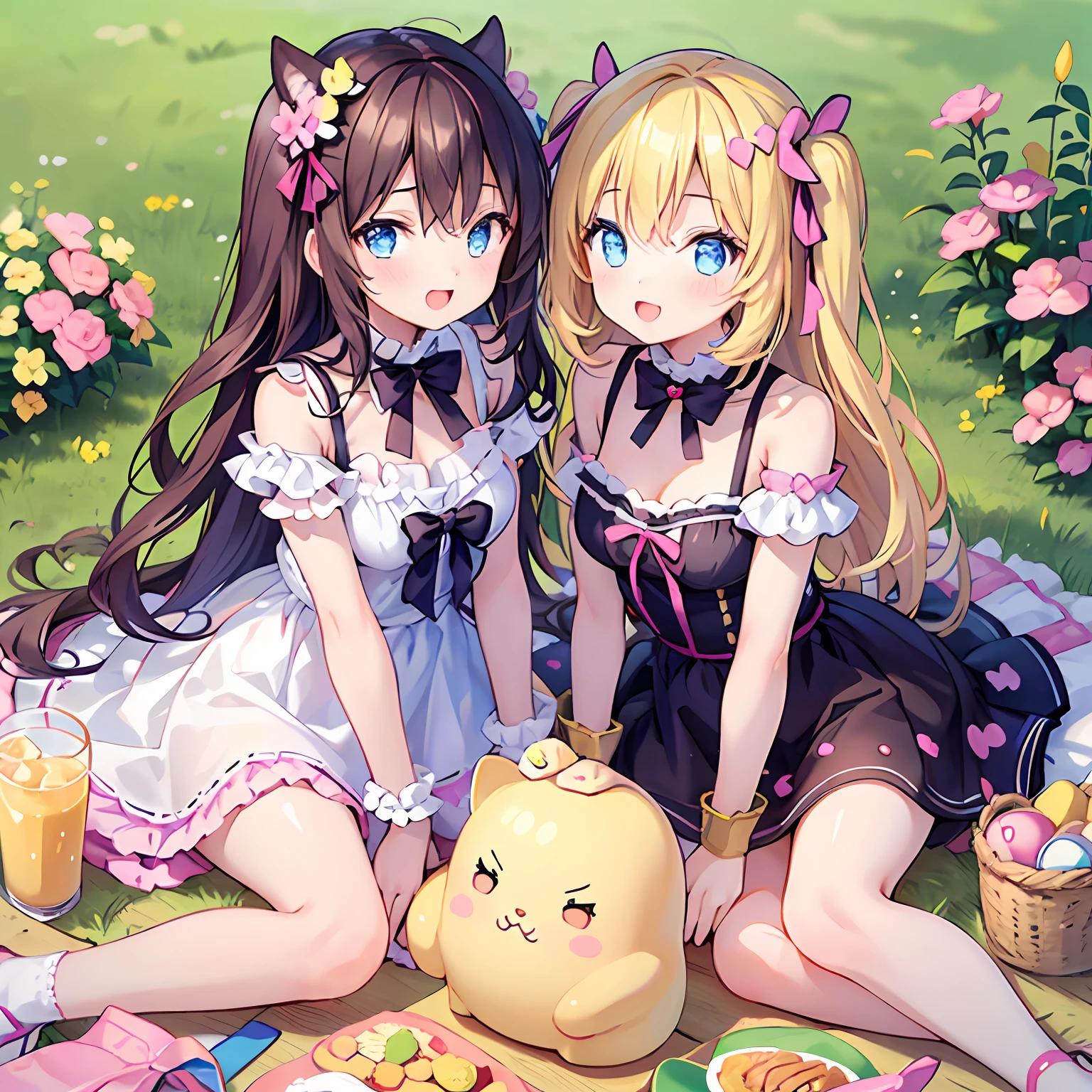 masterpiece, (2girls and 2girls and 2girls and 2girls at picnic), idol, big eyes, kawaiitech, kawaii, cute, pastel colors, best quality, happy, deep background, symmetrical, tilted head, summer