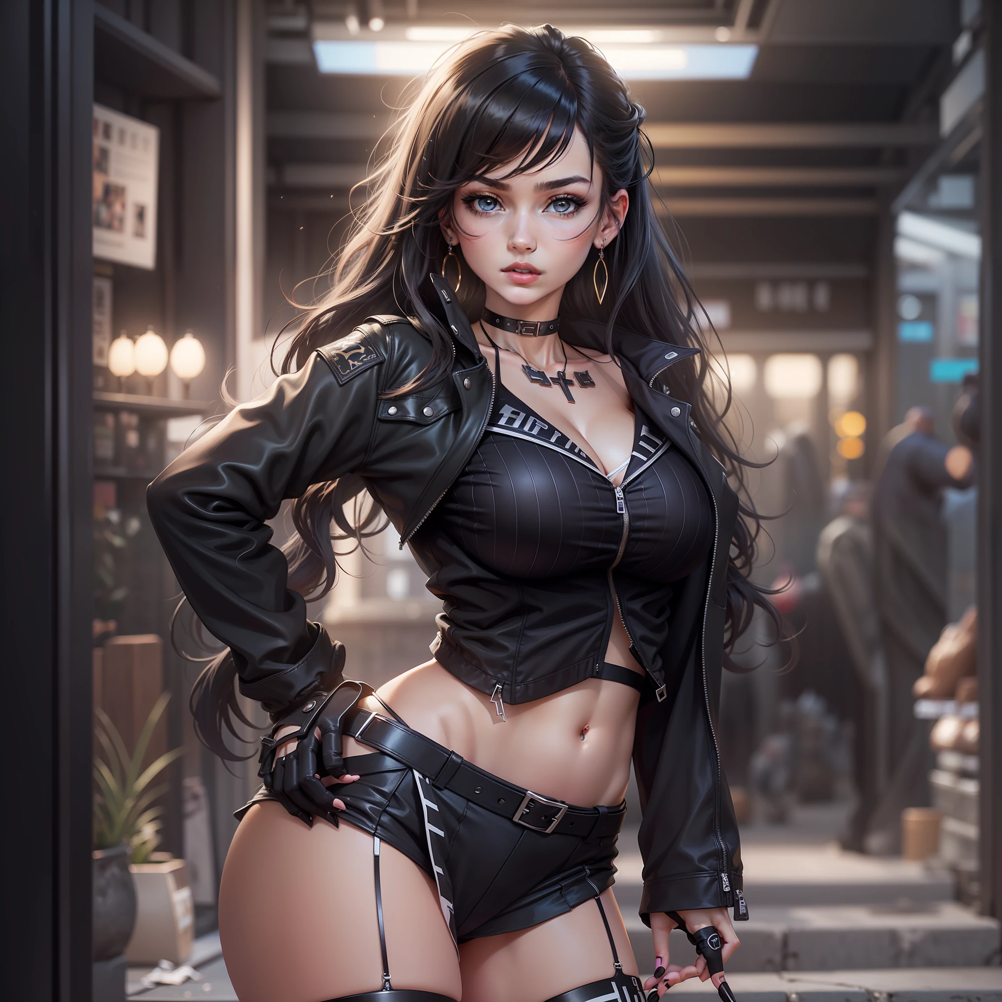 (masterpiece:1.2, best quality:1.2, beautiful, high quality, highres:1.1, aesthetic), detailed, extremely detailed, ambient soft lighting, 4K, perfect eyes, perfect face, perfect lighting, 1girl, bikini, bikini under clothes, black bikini, black choker, black gloves, black hair, black lips, black nails, black skirt, breasts, choker, cleavage, cropped jacket, cross, earrings, eyeliner, eyeshadow, fingerless gloves, gloves, hand on hip, highleg, highleg bikini, huge breasts, jacket, jewelry, lips, lipstick, long hair, makeup, microskirt, miniskirt, navel, open clothes, open jacket, skirt, sleeves pushed up, solo, standing, striped, striped bikini, striped thighhighs, swimsuit, thighhighs,