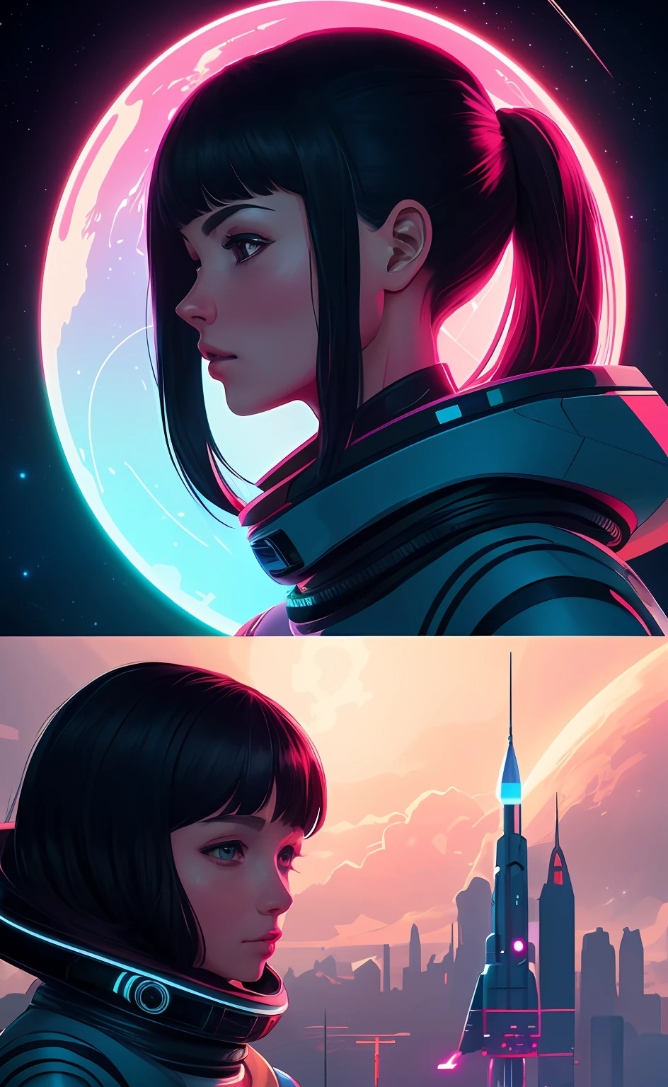 8k, A science fiction scene, Alena Aenami e Android Jones, portrait anime space cadet girl, Sci-Fi Digital Art Illustration, sci-fi illustrations, sci - fi illustrations, retrato bonito sci - fi girl, inspirado em Victor Mosquera, Nicolas Bouvier Sparth, sci - fi illustration, sci-fi illustration.