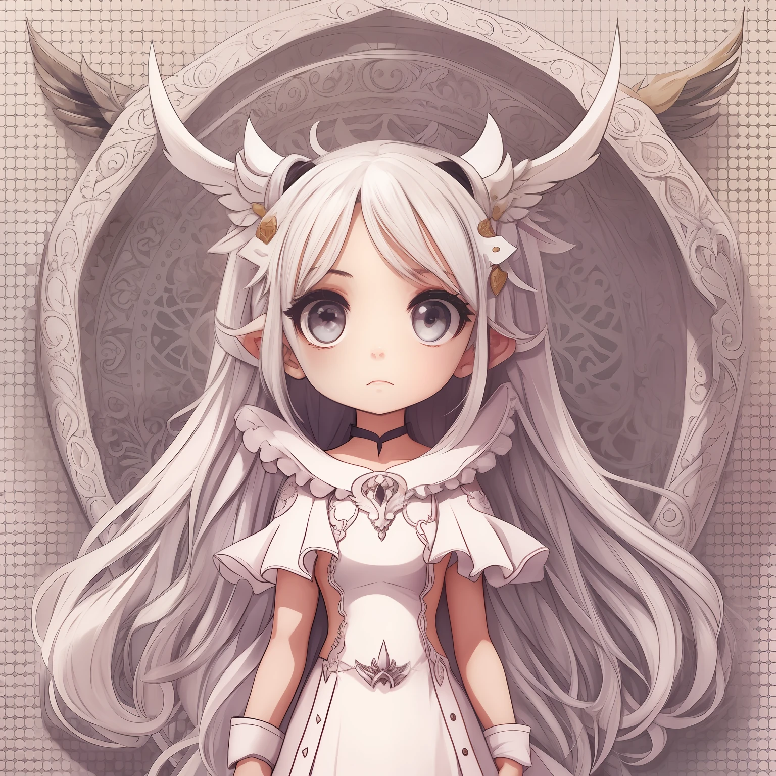 Una pegatina con un borde recortado blanco sobre un fondo neutro de cuerpo completo. En el estilo de anime kawaii una elfa hembra grande y delgada, vestido con una ligera armadura de cuero, lleva un gran arco, orejas puntiagudas muy grandes, Cabello largo y lacio, con ojos muy expresivos.