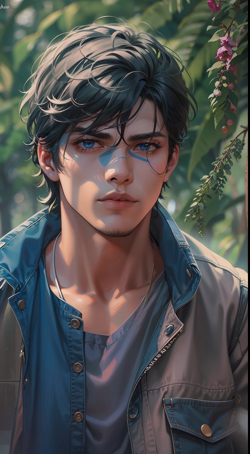 Obra de arte Dark, hombre 1, 19-year-old, cabello azabache, cabellos rizados y semi corto, ojos negros con resplandor azul, piel blanca, nariz perfilada, rasgos faciales Europeos, un gran abrigo negro similar a detective, jeans grises con cortadas en las rodillas, zapatas blancos con suelas desgastadas, brave expression, fuego azul a su alrededor, un bosque aterrador,