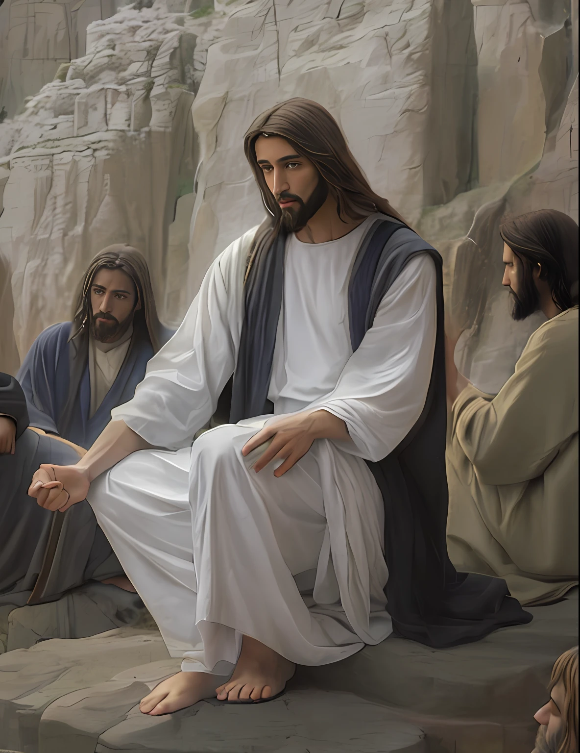 Jesus sitting on a rock with his hands clasped and other people sitting around him, Jesus Cristo, O Senhor e Salvador, bible illustration, jesus of nazareth, Greg Olsen, Retrato de Jesus Cristo, Jovem Deus Todo-Poderoso, Jesus, serene emotion, jesus wasted at a party, serene expression, Directed by: Aleksander Gierymski, majestosa obra-prima