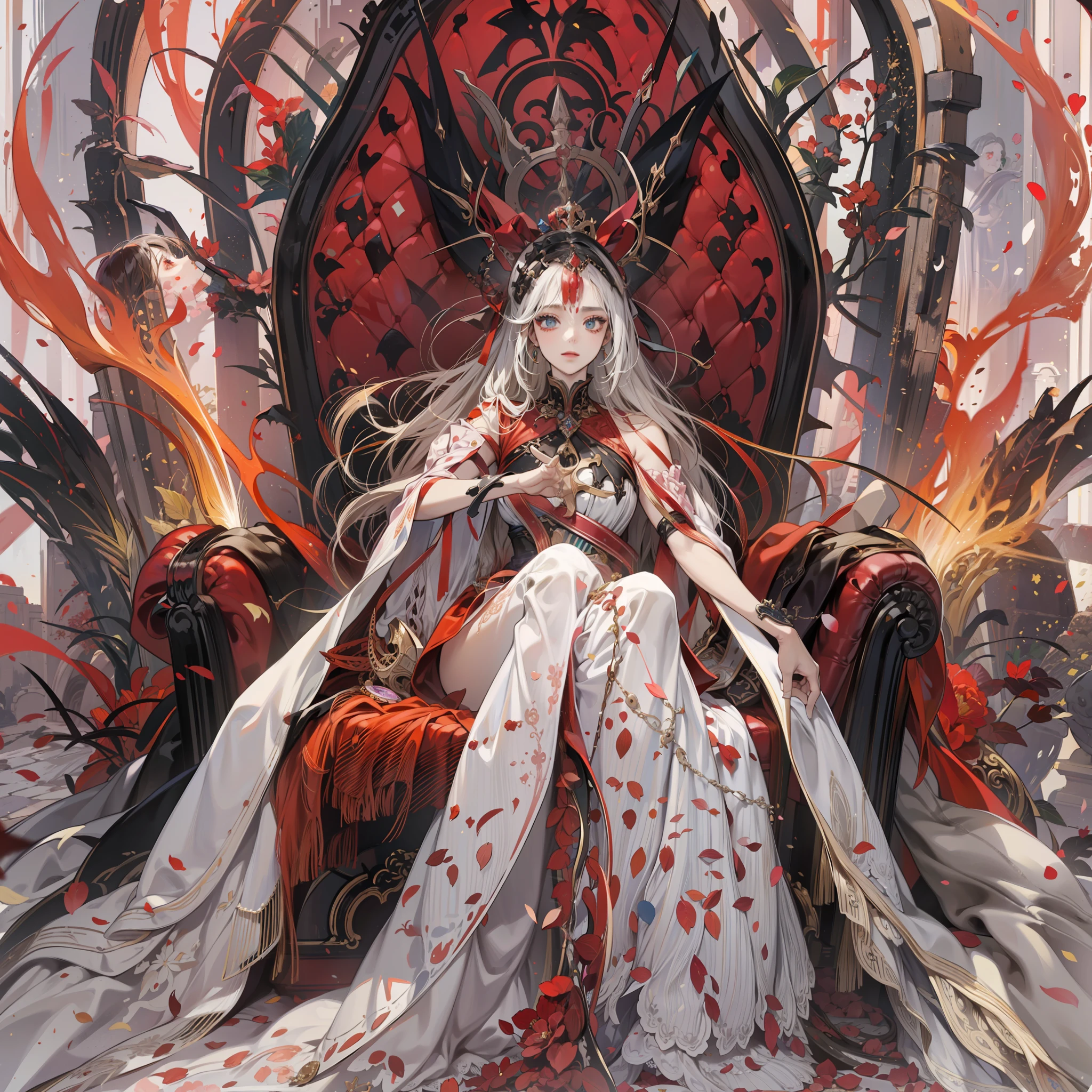 A diabolical queen on her throne. With infinite beauty and eyes of incredible expressiveness. Vestido de una manera encantadora, She carries a strange sword in her hands... Around its demonic energy flows like flares of intense color..
