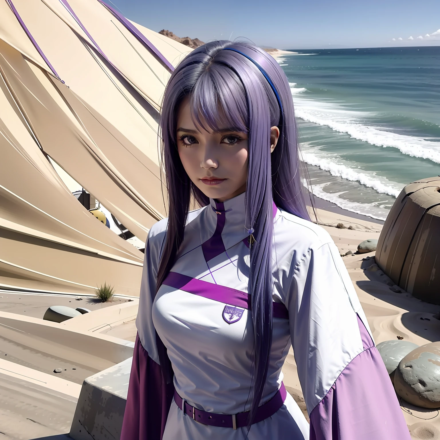 chica de cuerpo entero vestida de violeta y negr0, su cabello es de color violeta  camina pensativa por un palacio del desierto