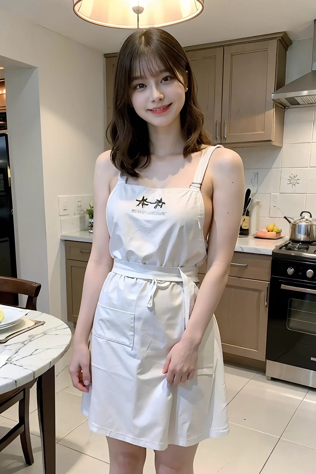 a woman is cooking、(kitchin_Apron:1.Wear 3)、Good Hand、4K、hight resolution、​masterpiece、top-quality、Cap:1.3、((Hasselblad photo))、Fine skin、foco nítido、(lighting like a movie)、Soft lighting、dynamic ungle、[:(详细的脸:1.2):0.2]、Medium chest、sweats streamed skin:1.2、(((In the kitchen))) A smile　Beautiful profile　Colossal tits　Beautiful body　Tying hair　Wide background々and a luxurious living room　Luxurious and luxurious living　Luxurious living room　Beautiful living room　Beautiful living room　A smile　an orange　lemons　A smile　Laughing　banana in　pineapple　Luxurious room　beautiful  lighting　Beautiful lighting　Very large room　very high image quality　very high res　8k Photos　Viewer's Perspective　Very gorgeous kitchen　Luxury Kitchen　　Millionaire Kitchen　Great kitchen　Luxury Kitchen　Luxury Illuminator　very wide々and kitchen　neat and beautiful　Classy and cute　bura　Standing　full body Esbian　Full body　Laughing　Long apron very luxurious life　Long skirt　Long skirt