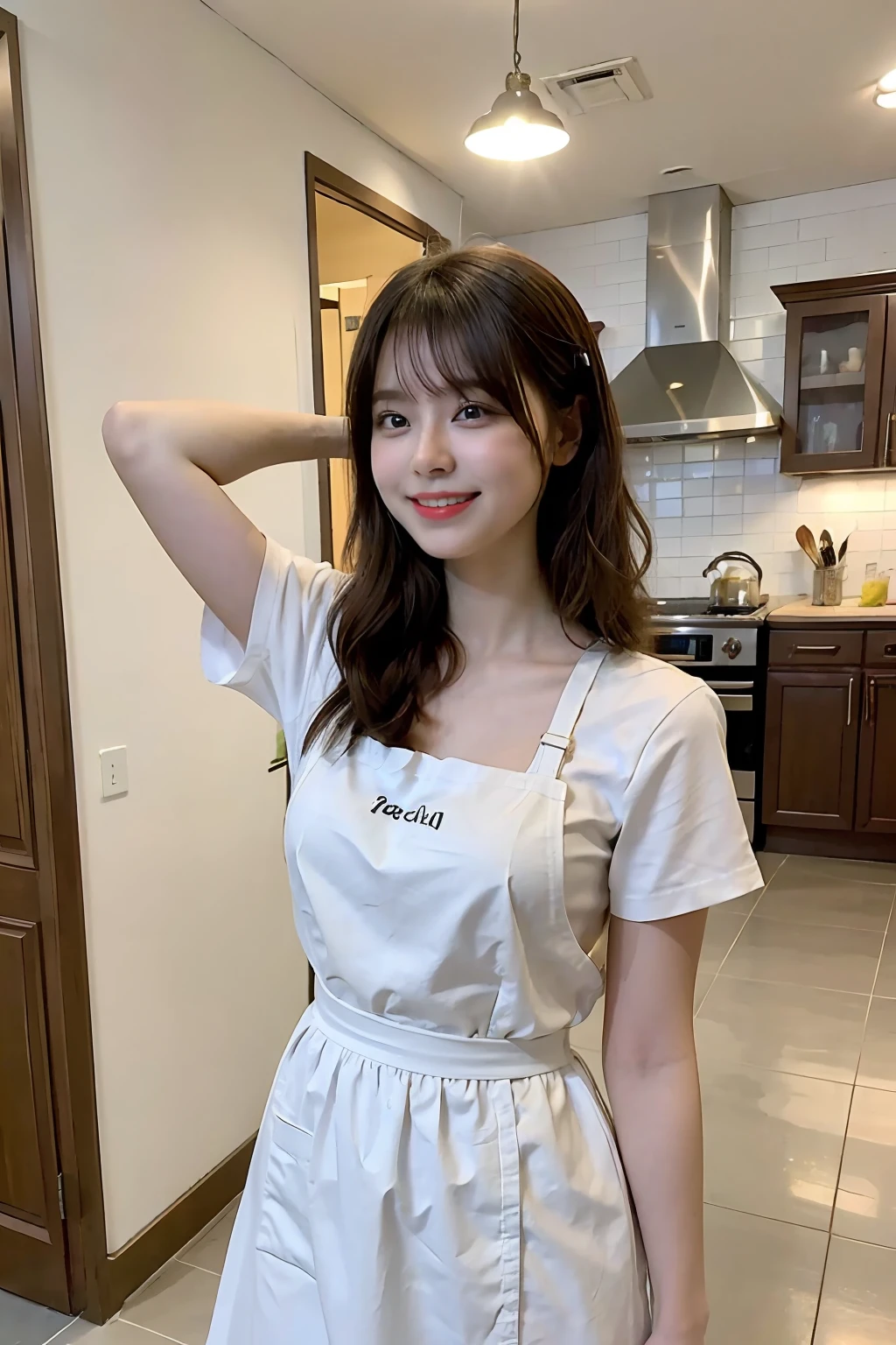 a woman is cooking、(kitchin_Apron:1.Wear 3)、Good Hand、4K、hight resolution、​masterpiece、top-quality、Cap:1.3、((Hasselblad photo))、Fine skin、foco nítido、(lighting like a movie)、Soft lighting、dynamic ungle、[:(详细的脸:1.2):0.2]、Medium chest、sweats streamed skin:1.2、(((In the kitchen))) A smile　Beautiful profile　Colossal tits　Beautiful body　Tying hair　Wide background々and a luxurious living room　Luxurious and luxurious living　Luxurious living room　Beautiful living room　Beautiful living room　A smile　an orange　lemons　A smile　Laughing　banana in　pineapple　Luxurious room　beautiful  lighting　Beautiful lighting　Very large room　very high image quality　very high res　8k Photos　Viewer's Perspective　Very gorgeous kitchen　Luxury Kitchen　　Millionaire Kitchen　Great kitchen　Luxury Kitchen　Luxury Illuminator　very wide々and kitchen　neat and beautiful　Classy and cute　bura　Standing　full body Esbian　Full body　Laughing　Long apron very luxurious life　Long skirt　Long skirt