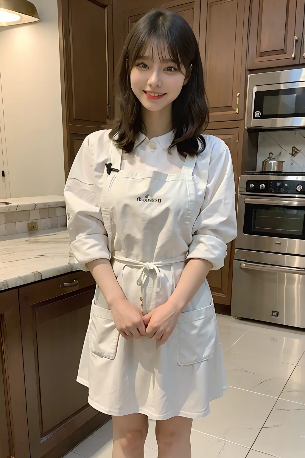 a woman is cooking、(kitchin_Apron:1.Wear 3)、Good Hand、4K、hight resolution、​masterpiece、top-quality、Cap:1.3、((Hasselblad photo))、Fine skin、foco nítido、(lighting like a movie)、Soft lighting、dynamic ungle、[:(详细的脸:1.2):0.2]、Medium chest、sweats streamed skin:1.2、(((In the kitchen))) A smile　Beautiful profile　Colossal tits　Beautiful body　Tying hair　Wide background々and a luxurious living room　Luxurious and luxurious living　Luxurious living room　Beautiful living room　Beautiful living room　A smile　an orange　lemons　A smile　Laughing　banana in　pineapple　Luxurious room　beautiful  lighting　Beautiful lighting　Very large room　very high image quality　very high res　8k Photos　Viewer's Perspective　Very gorgeous kitchen　Luxury Kitchen　　Millionaire Kitchen　Great kitchen　Luxury Kitchen　Luxury Illuminator　very wide々and kitchen　neat and beautiful　top grade　bura　Standing　full body Esbian　Full body　Laughing　Long apron very luxurious life　Long skirt　Long skirt