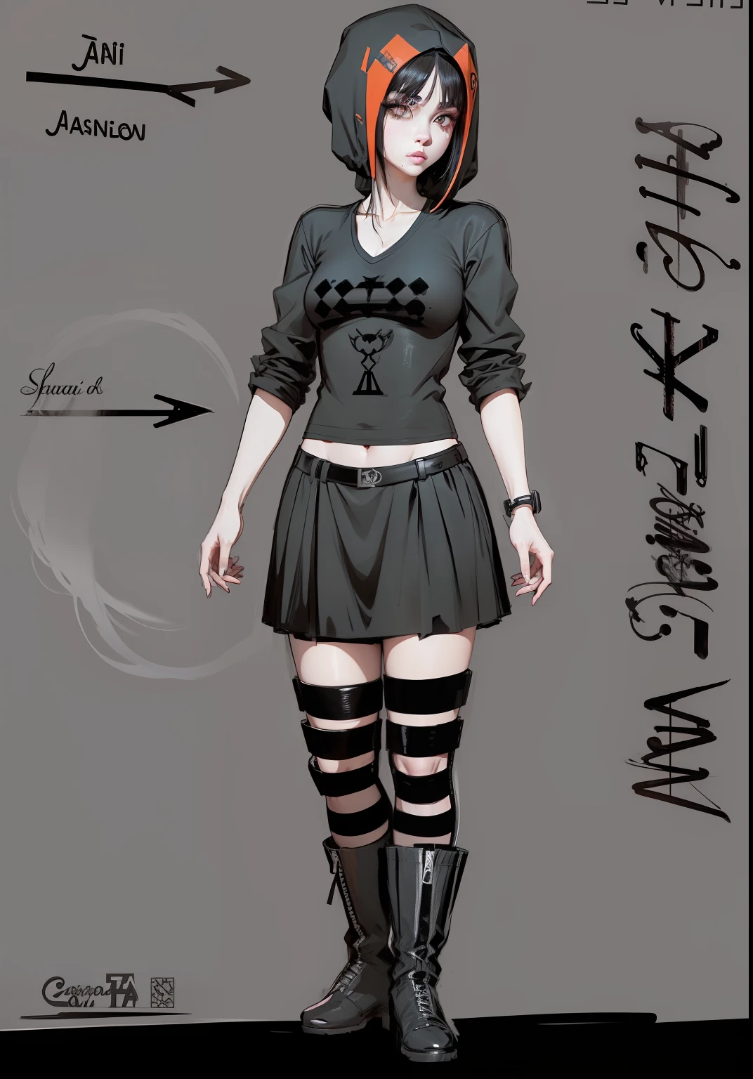 "Drawing of a pale goth girl with black t-shirt, saia curta preta, botas cano alto e meias listradas, cabelo escuro e curto, com duas mechas vermelhas, e um pequeno topete de cabelo espetado de cor amarela estilo super saiyajin, anime, estilo anime"