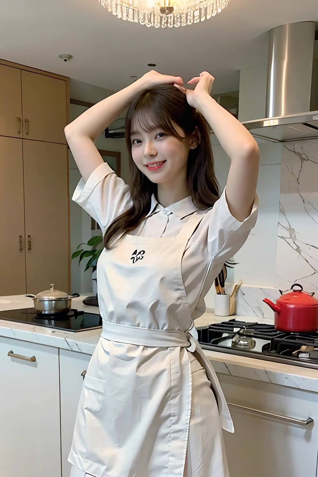 a woman is cooking、(kitchin_Apron:1.Wear 3)、Good Hand、4K、hight resolution、​masterpiece、top-quality、Cap:1.3、((Hasselblad photo))、Fine skin、foco nítido、(lighting like a movie)、Soft lighting、dynamic ungle、[:(详细的脸:1.2):0.2]、Medium chest、sweats streamed skin:1.2、(((In the kitchen))) A smile　Beautiful profile　Colossal tits　Beautiful body　Tying hair　Wide background々and a luxurious living room　Luxurious and luxurious living　Luxurious living room　Beautiful living room　Beautiful living room　A smile　an orange　lemons　A smile　Laughing　banana in　pineapple　Luxurious room　beautiful  lighting　Beautiful lighting　Very large room　very high image quality　very high res　8k Photos　Viewer's Perspective　Very gorgeous kitchen　Luxury Kitchen　　Millionaire Kitchen　Great kitchen　Luxury Kitchen　Luxury Illuminator　very wide々and kitchen　neat and beautiful　top grade　bura　Standing　full body Esbian　Full body　Laughing　Long apron very luxurious life　Long skirt　Long skirt