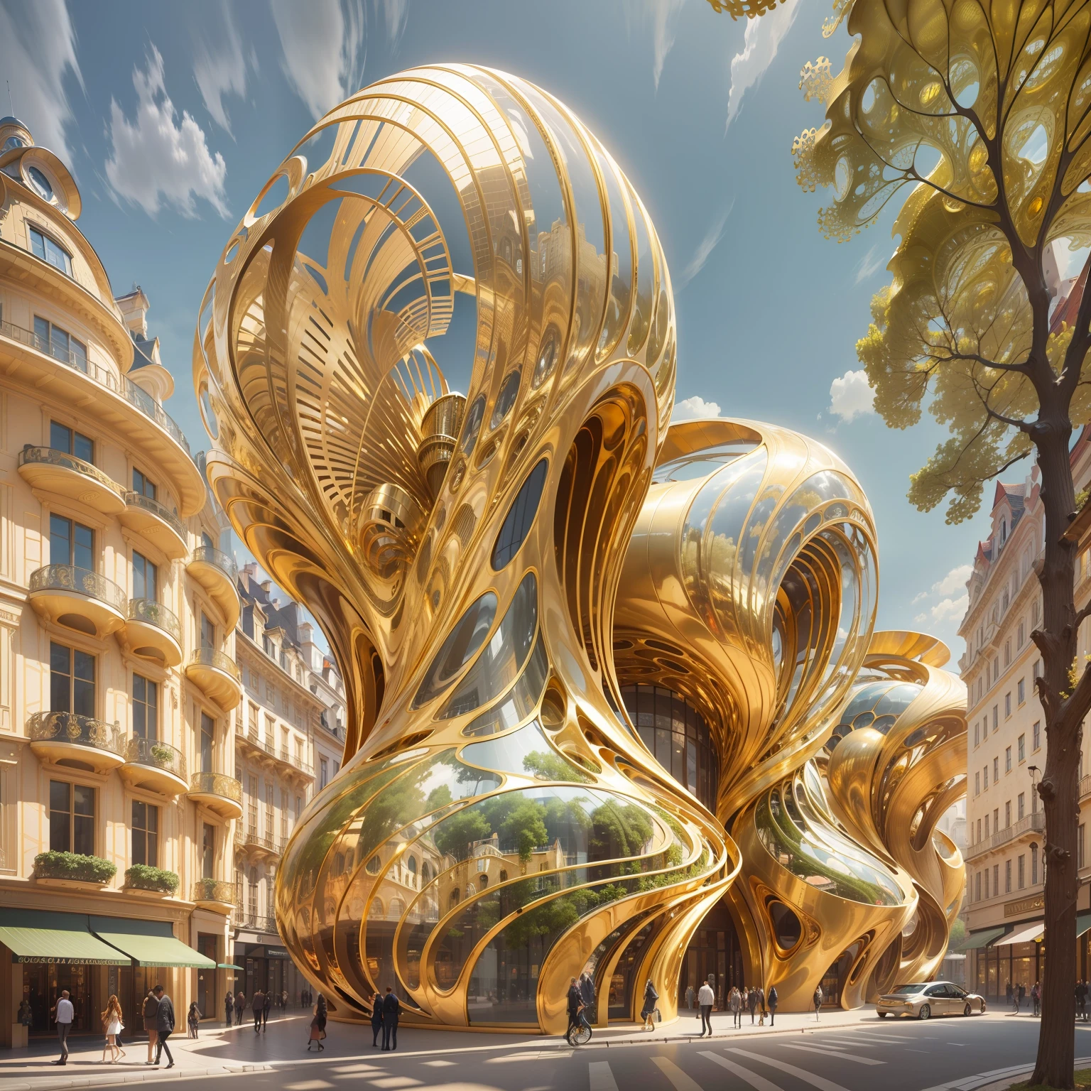 a city, golden organic structures, golden curve structure, swirled architecture, metallic architecture, architecture digest, parametric architecture, award winning architecture, austrian architecture, gold and luxury materials, splendid haussmann architecture, luxury architecture, elegant gold body, golden shapes, architecture award winner, award winning shopfront design
