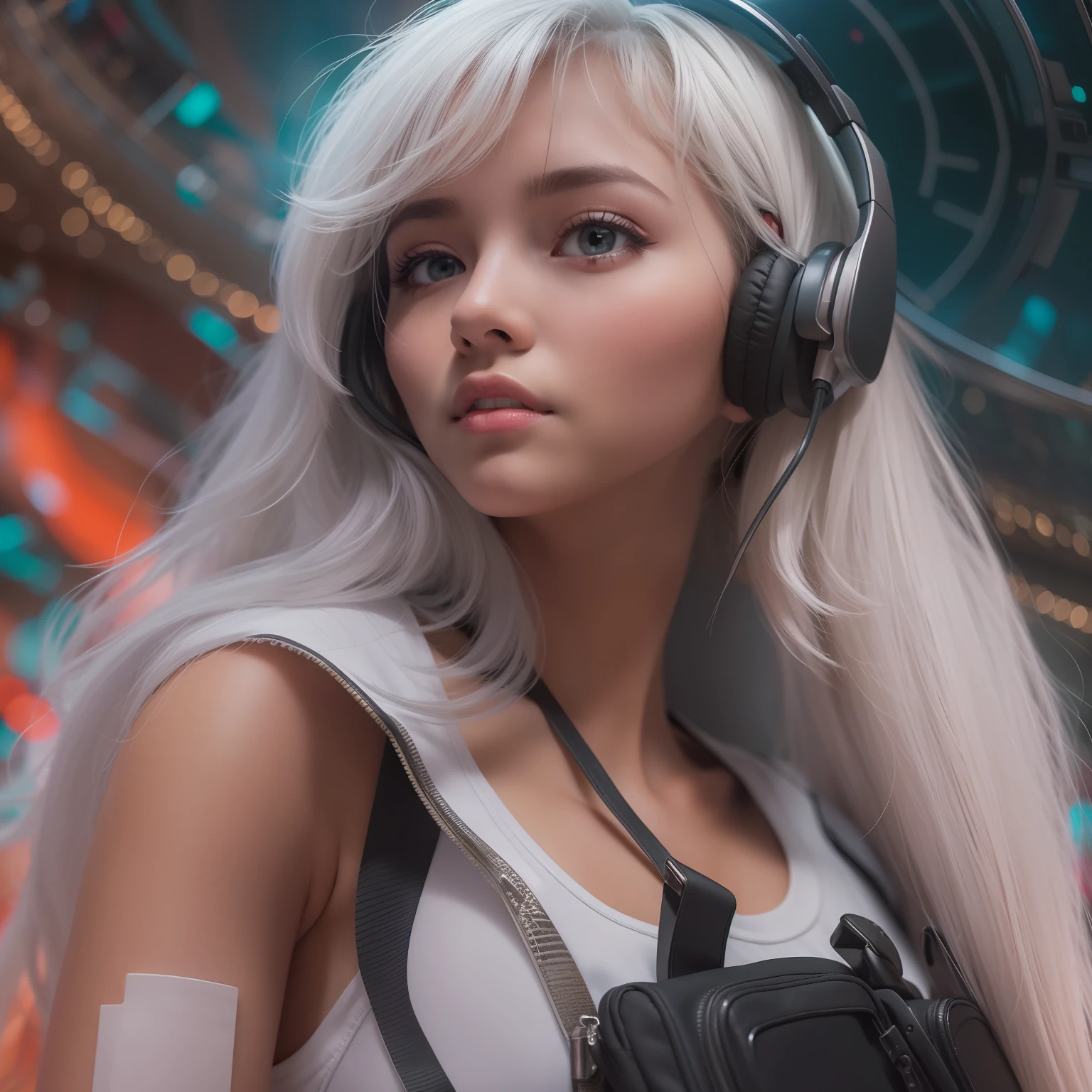 (On the moon, space, looking back into earth), White hair, Black tank top, voluminetric lighting, White jacket, glowing headphones, Cyberpunk, Futuristic, multi colored eyes, Detailed eyes, ultra - detailed,Light smile,
Highly detailed, Beautiful, small detailed, Ultra detailed, Best quality, Intricate, hyper photorealism, Sharp, Digital illustration, Detailed, Realism, Intricate, 4K, 8K, trending on artstationh, Good anatomy, Beautiful lighting, Award-winning, Photorealistic, Realistic shadows, Realistic lighting, Beautiful lighting, Ray traching, Intricate details, Moody, Rule of thirds, Masterpiece, (illustration:1.1), A high resolution, (Extremely detailed CG, Unity, 8K wallpaper:1.1), Beautiful face, Highly detailed face, Ultra photo realsisim, Masterpiece, Bokeh, Extremely detailed, Intricate, zoomout,
Colorful, Vibrant colors, Red nail polish, Side view,