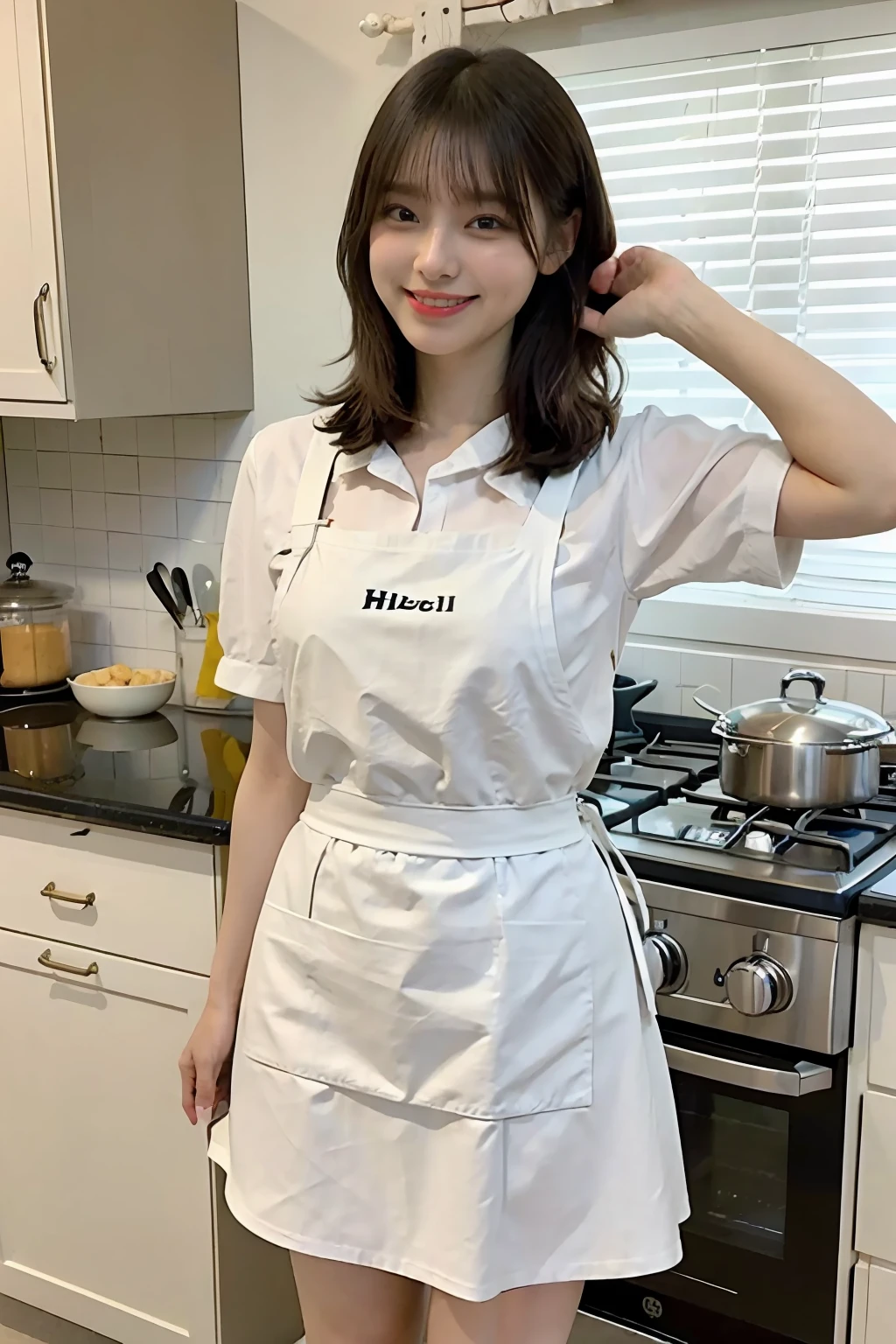 a woman is cooking、(kitchin_Apron:1.Wear 3)、Good Hand、4K、hight resolution、​masterpiece、top-quality、Cap:1.3、((Hasselblad photo))、Fine skin、foco nítido、(lighting like a movie)、Soft lighting、dynamic ungle、[:(详细的脸:1.2):0.2]、Medium chest、sweats streamed skin:1.2、(((In the kitchen))) A smile　Beautiful profile　Colossal tits　Beautiful body　Tying hair　Wide background々and a luxurious living room　Luxurious and luxurious living　Luxurious living room　Beautiful living room　Beautiful living room　A smile　an orange　lemons　A smile　Laughing　banana in　pineapple　Luxurious room　beautiful  lighting　Beautiful lighting　Very large room　very high image quality　very high res　8k Photos　Viewer's Perspective　Very gorgeous kitchen　Luxury Kitchen　　Millionaire Kitchen　Great kitchen　Luxury Kitchen　Luxury Illuminator　very wide々and kitchen　neat and beautiful　top grade　bura　Standing　full body Esbian　Full body　Laughing　Long apron very luxurious life　Long skirt　Long skirt