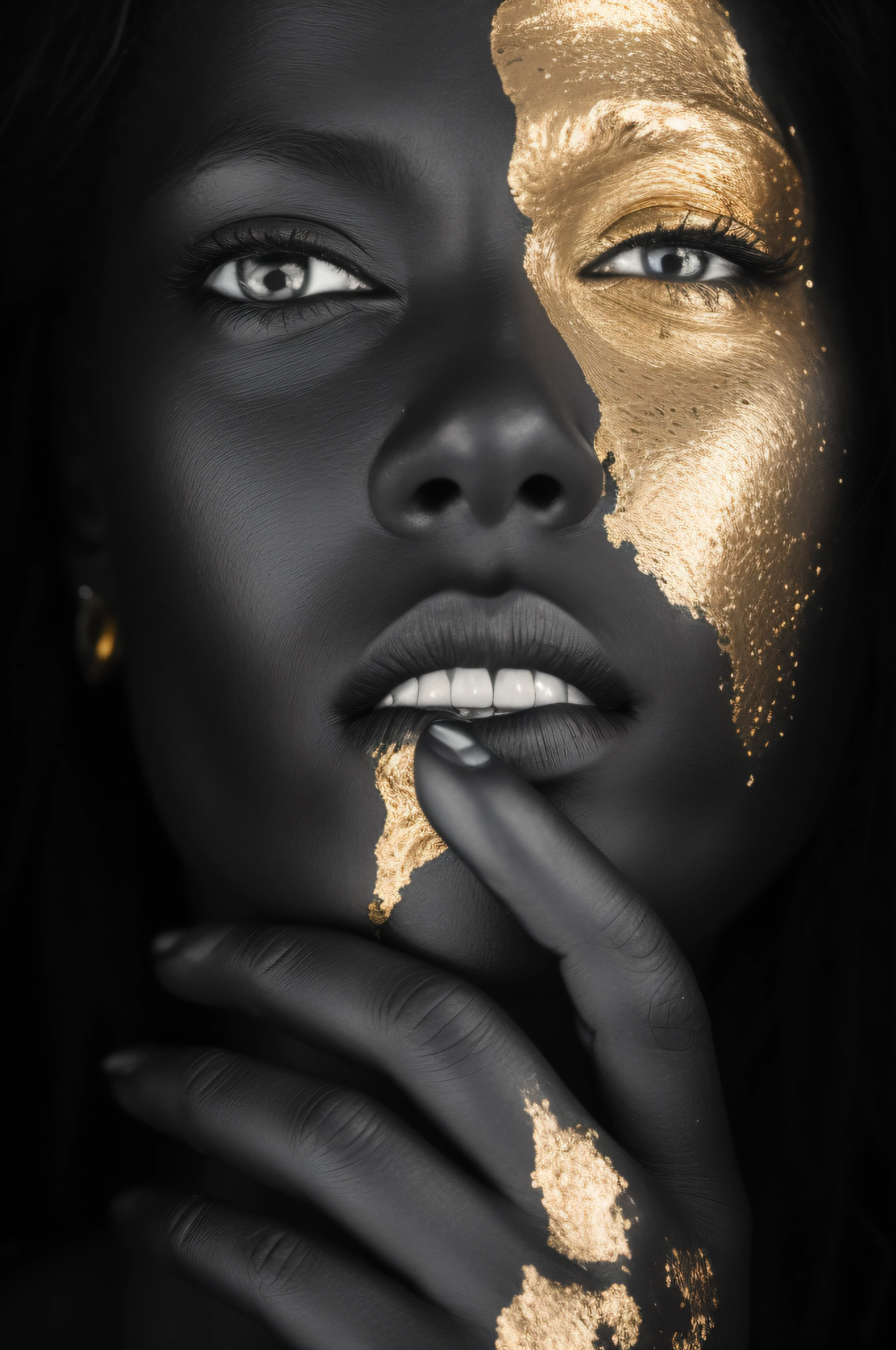 arafed woman with gold paint on her face and hands, portrait of metallic face, inspirado em Hedi Xandt, Directed by: Hedi Xandt, man is with black skin, dramatic lighting on the face, closeup do rosto derretendo, com olhos dourados, pele escura, face de bronze, com pele cinzenta, cara preta, cicatrizes negras no rosto --auto
