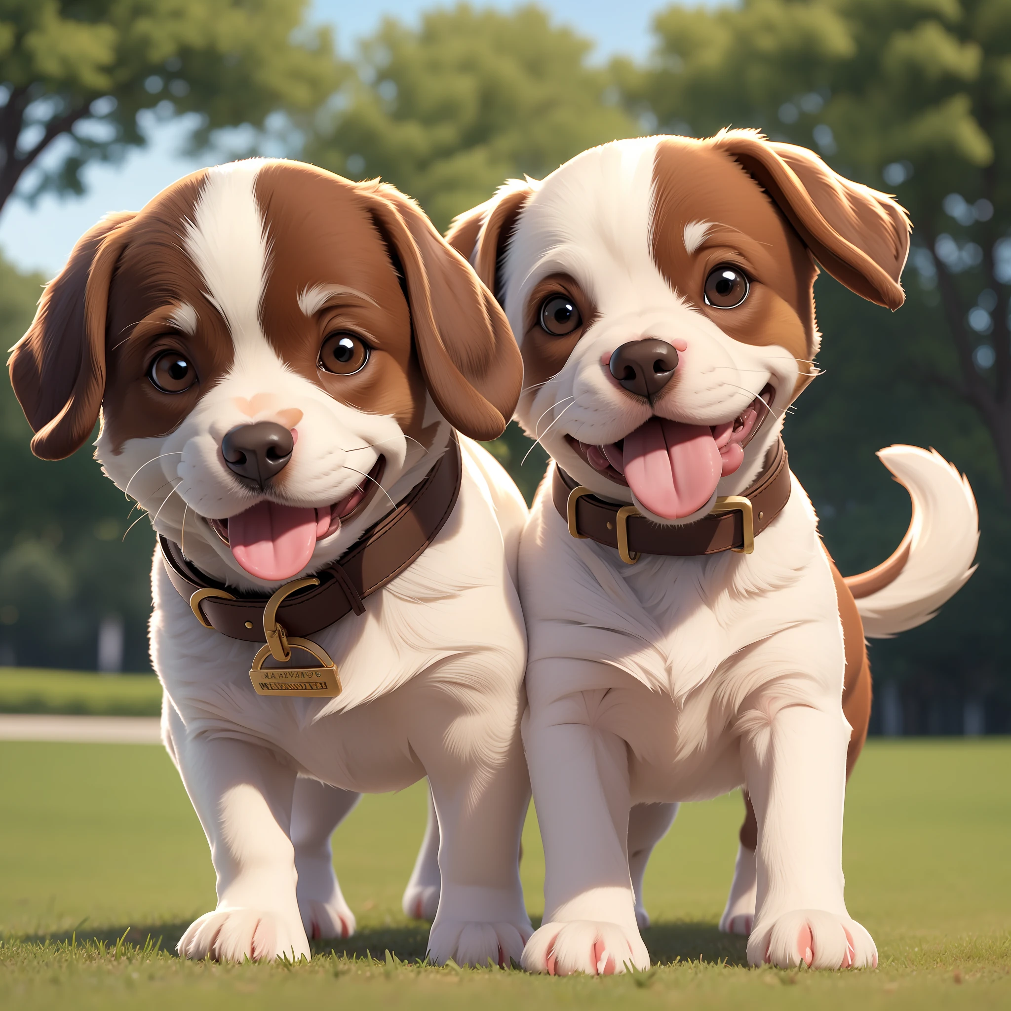 High quality, best quality, masterpiece, 1 cute white and brown puppy dog with big brown patches, smiling with tongue hanging out of one side of mouth, walking in park, big brown eyes, looking at the viewer.