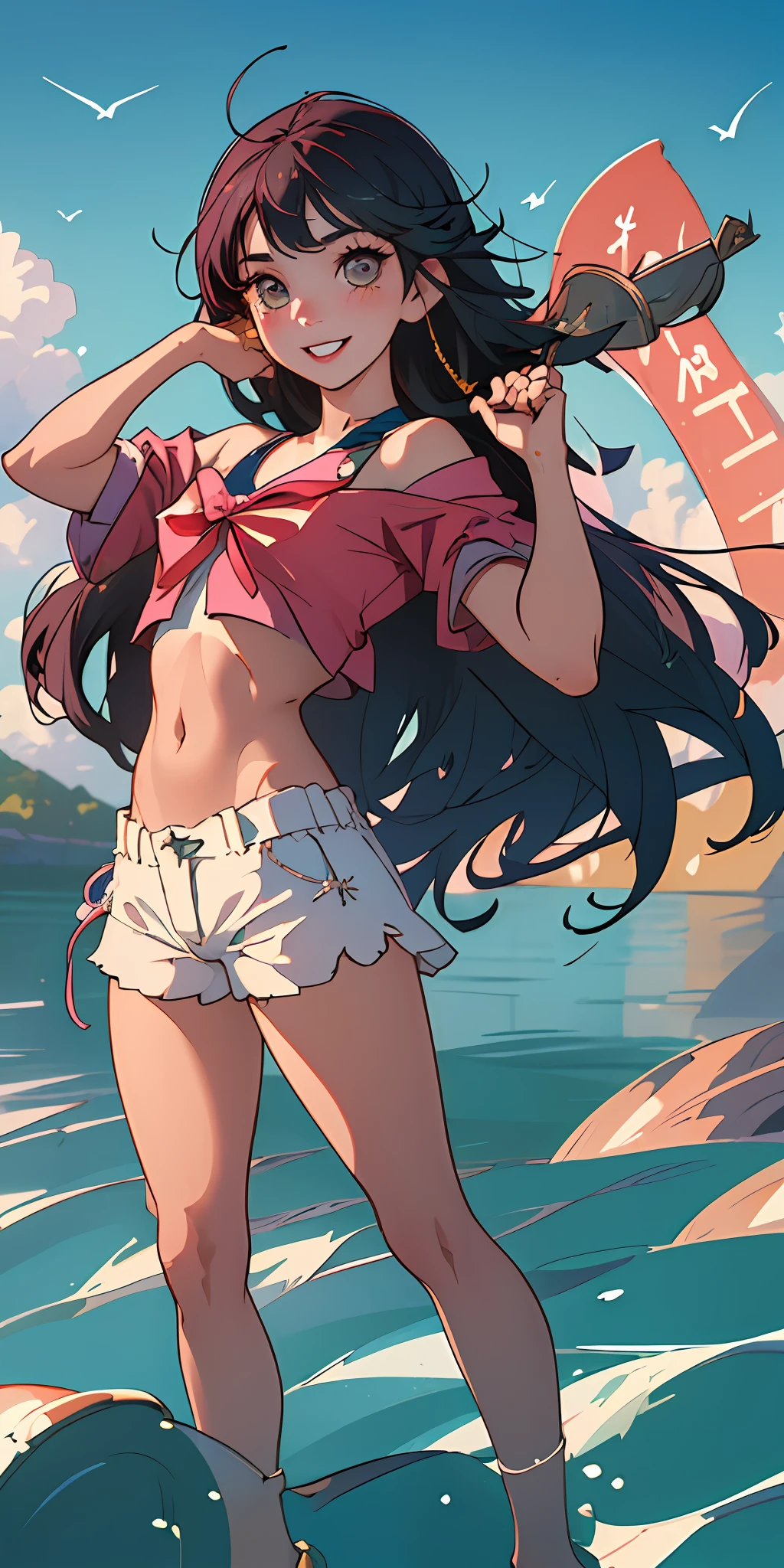 (melhor qualidade, obra-prima), 1girl, pose de pata, sorriso, rindo, oceano, crop top, shorts, loiro, sardas, blush, olhando para o espectador, cabelo ondulado, nuvem, salpicando, ondas, sol, montanha, molhado, nsfw