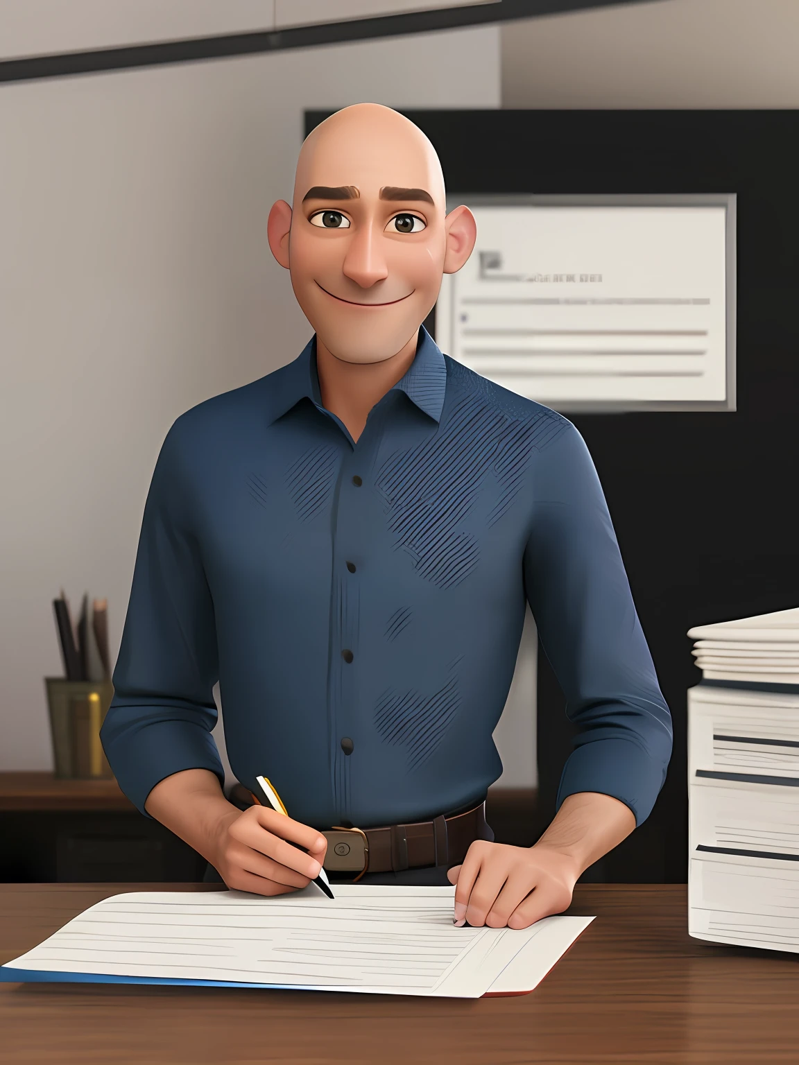 Pixarstyle waist-length portrait of a man in an office shirt, bald, smiling, folder with documents in his hands, Office, natural skin texture, 4k textures, HDR, intricate, highly detailed, sharp focus, cinematic look, hyperdetailed, no hair