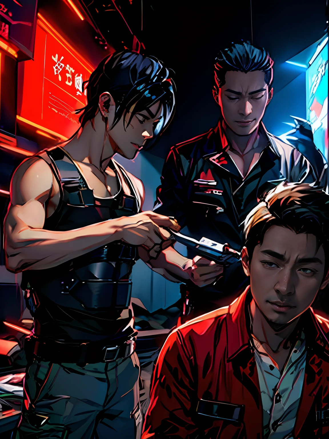 They look at their phones in a dark room, still from live action movie, japanese live action movie, live-action movie scenes, akehiko inoue and ross tran, redline anime movie style, SNK, ross tran and bayard wu, movie still 8 k, jin shan and ross tran, film promotional image, 8 k movie still