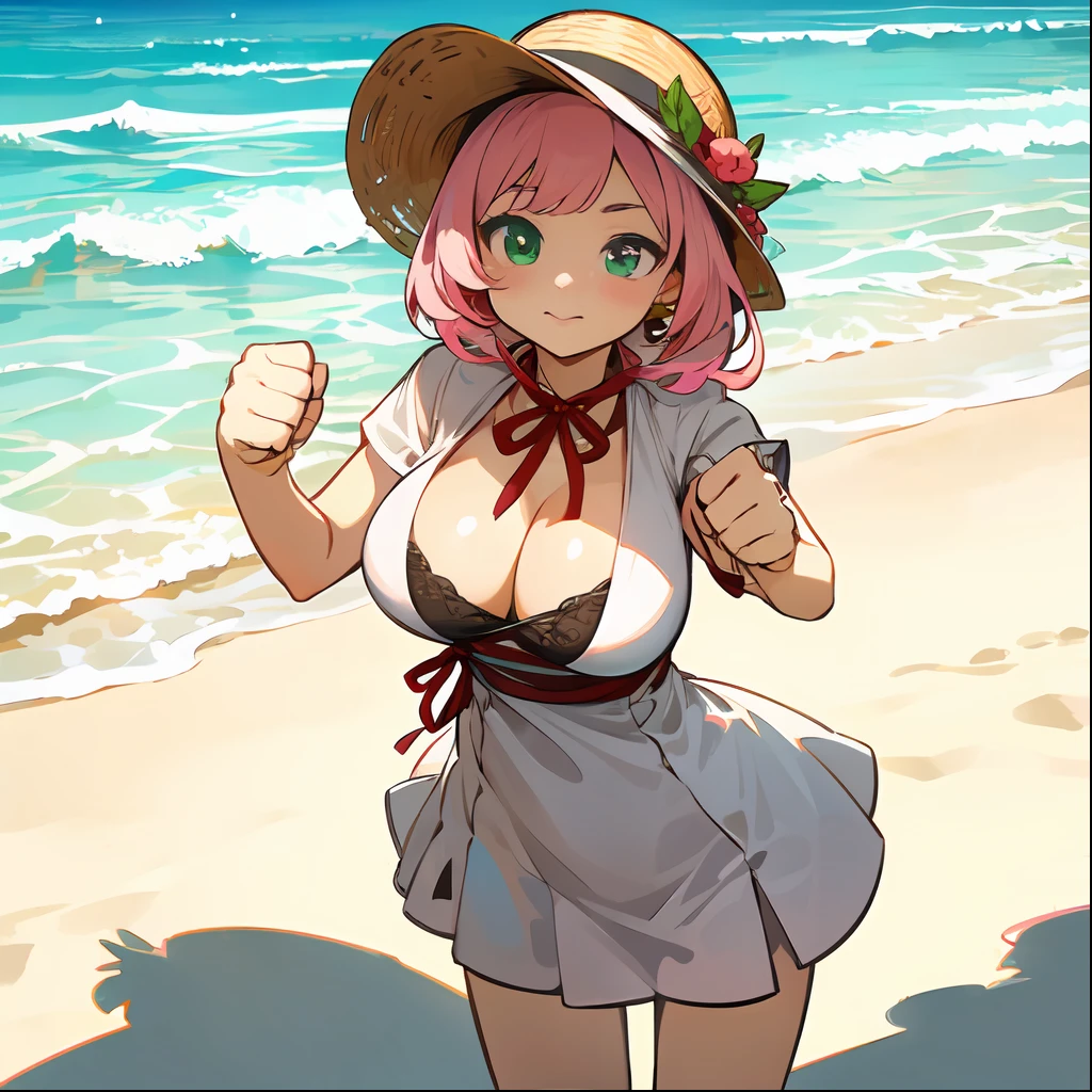 Highly detailed CG Unity 8k wallpaper), (Best Quality), (Super Detail), (Best Illustration), (Best Shadow), POV, Realistic lighting and shading, Natural light, Lens flare effect, BRAEK,1 beautiful girl, Solo,(Cute:1.5),(Chibi:0.8), (kawaii:1.5),(Lori:0.5),( guy girl:1.0),{Heterochromia,pale blue eyes,pale green eyes:1.5}, star eye silhouette, BREAK , (Pink hair, Medium length:1.2), (Braids,Red ribbons:1.1),(Large breasts:1.5),BREAK, (lightweight summer one-piece dress:1.2), (a straw fedora hat:1.0), (flipflops:1.0), (Earrings in the shape of a moon:1.1), (Lace headband:1.0), (Cute Accessories:1.3), (self-satisfied look,Throat and face:1.1), (Raise your right fist above your head, Both legs are spread:1.3), (Beach background:1.3), (Hugging watermelons:1.1),