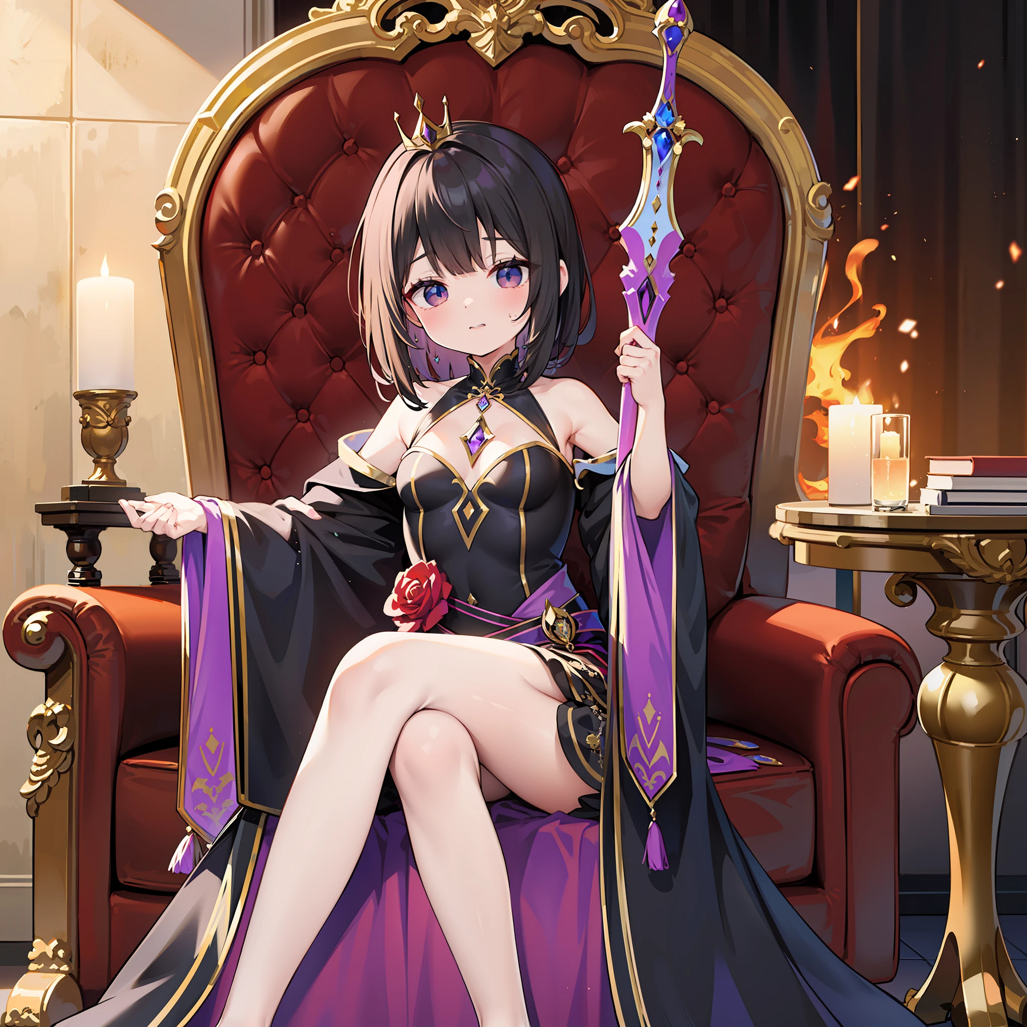 A diabolical queen on her throne. With infinite beauty and eyes of incredible expressiveness. Vestido de una manera encantadora, She carries a strange sword in her hands... Around its demonic energy flows like flares of intense color..