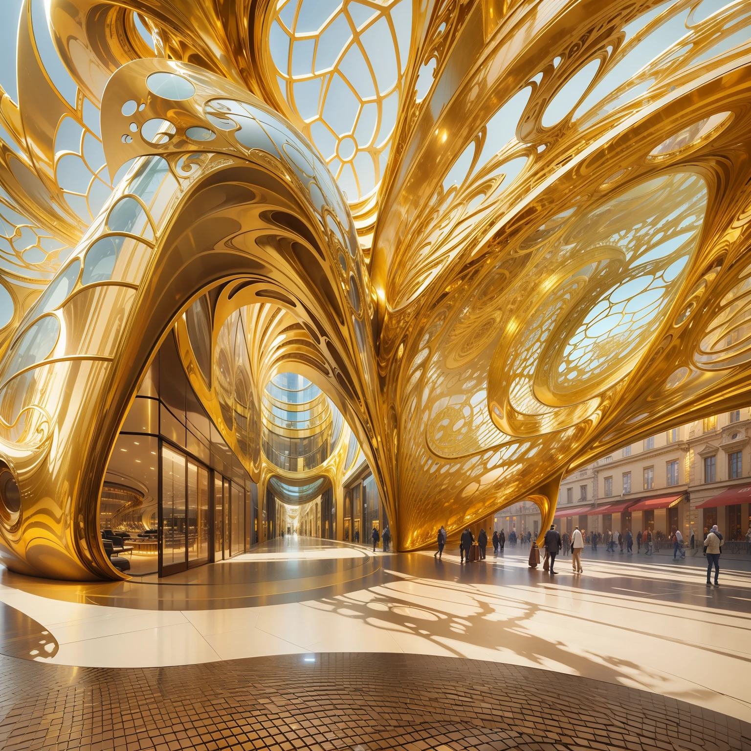 a city, golden organic structures, golden curve structure, swirled architecture, metallic architecture, architecture digest, parametric architecture, award winning architecture, austrian architecture, gold and luxury materials, splendid haussmann architecture, luxury architecture, elegant gold body, golden shapes, architecture award winner, award winning shopfront design