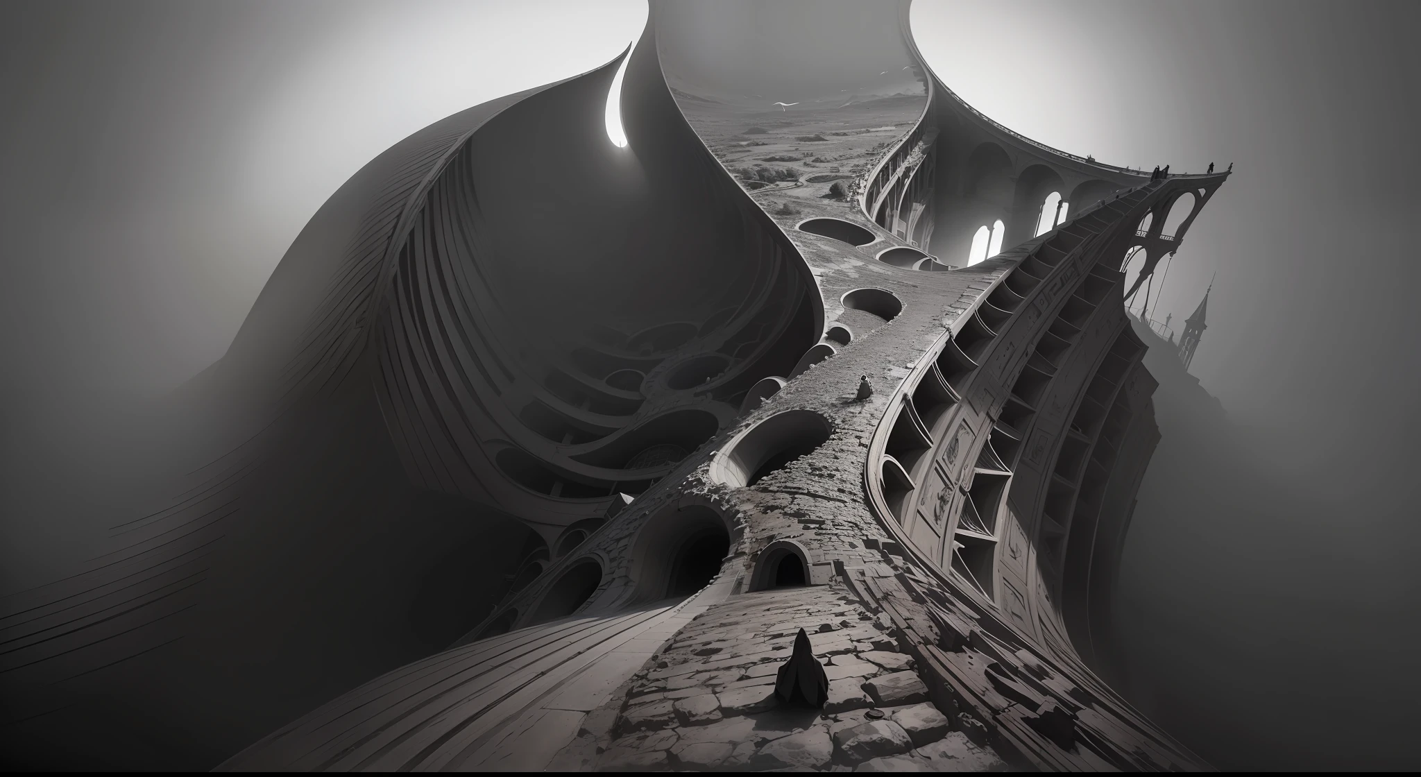 artwork concept M.C Escher+Clark Ashton Smith +Digital colage+vintage+
architetural Art+ creepy+ b/w photography by Pierre verger+style Fusion+,yellow mist,
atmospheric, , Aerial acrobatics design by +Ridley Scot, hyperrealistic+, 4K, Octane --auto --s2