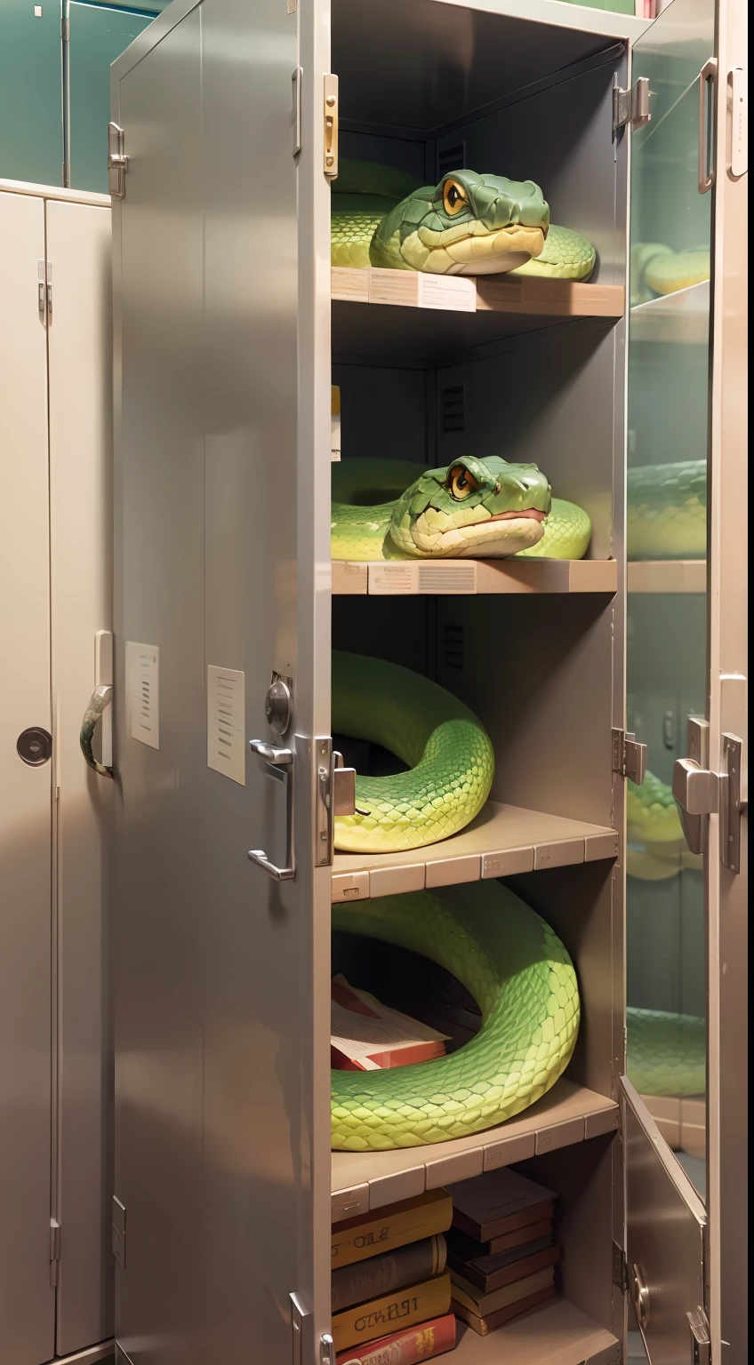 A snake, in a locker of a school.