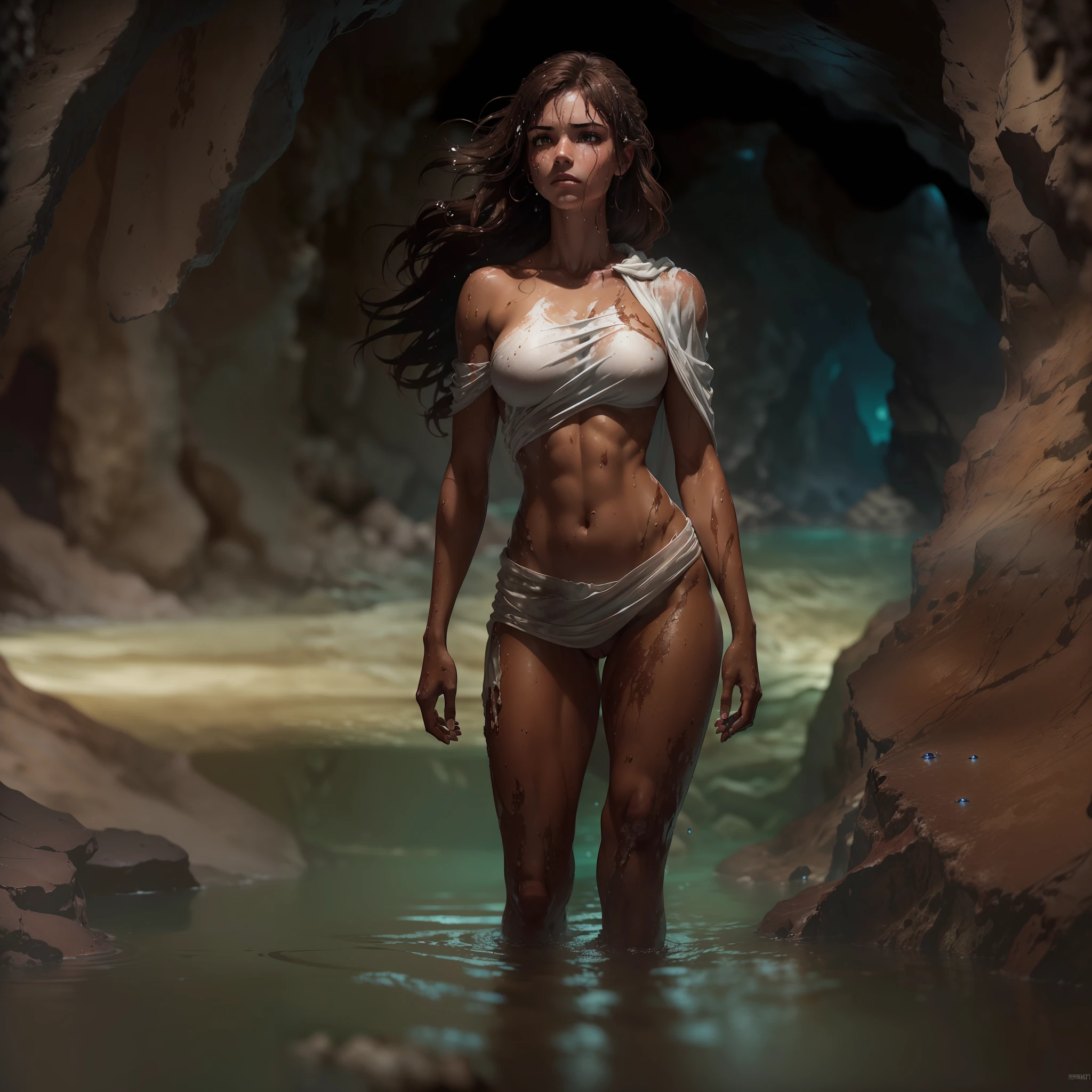 (masterpiece, high detail, high resolution, art style by Greg Rutkowski, depth of field), (a fully ((naked)) warrior woman (floating underwater in an underground lake)), alone in a ((dark cave)), (background: underground lake), (large white cloak at her back), visible muscles, sculpted body, strong arms, strong legs, brown skin, ((dirty skin with sweat streaks)), (thick rusty paint hair: 1.8), sensual, (small breasts: 1.9), (small butt: 1.9), ((strong body)), full body view, ((dark background:1.8, inside of a cave background), (stern facial expression), relaxed, detailed, (volumetric, level difference detail), dusty atmosphere, backlight, contour light, ((pile of clothes on the ground beside her)), strong but seductive, (((alone))), washed out colours