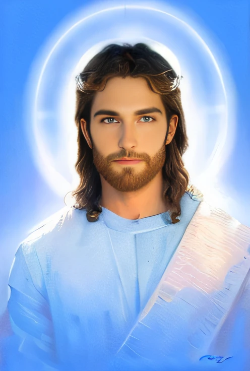 A painting of Jesus with a halo in heaven, Jesus Christ, Smiling in heaven, Portrait of Jesus Christ, Face of Jesus, Young God Almighty, Portrait of a Heavenly God, Greg Olsen, Jesus Gigachad, Jesus of Nazareth, Jesus, The face of God, God looking at me