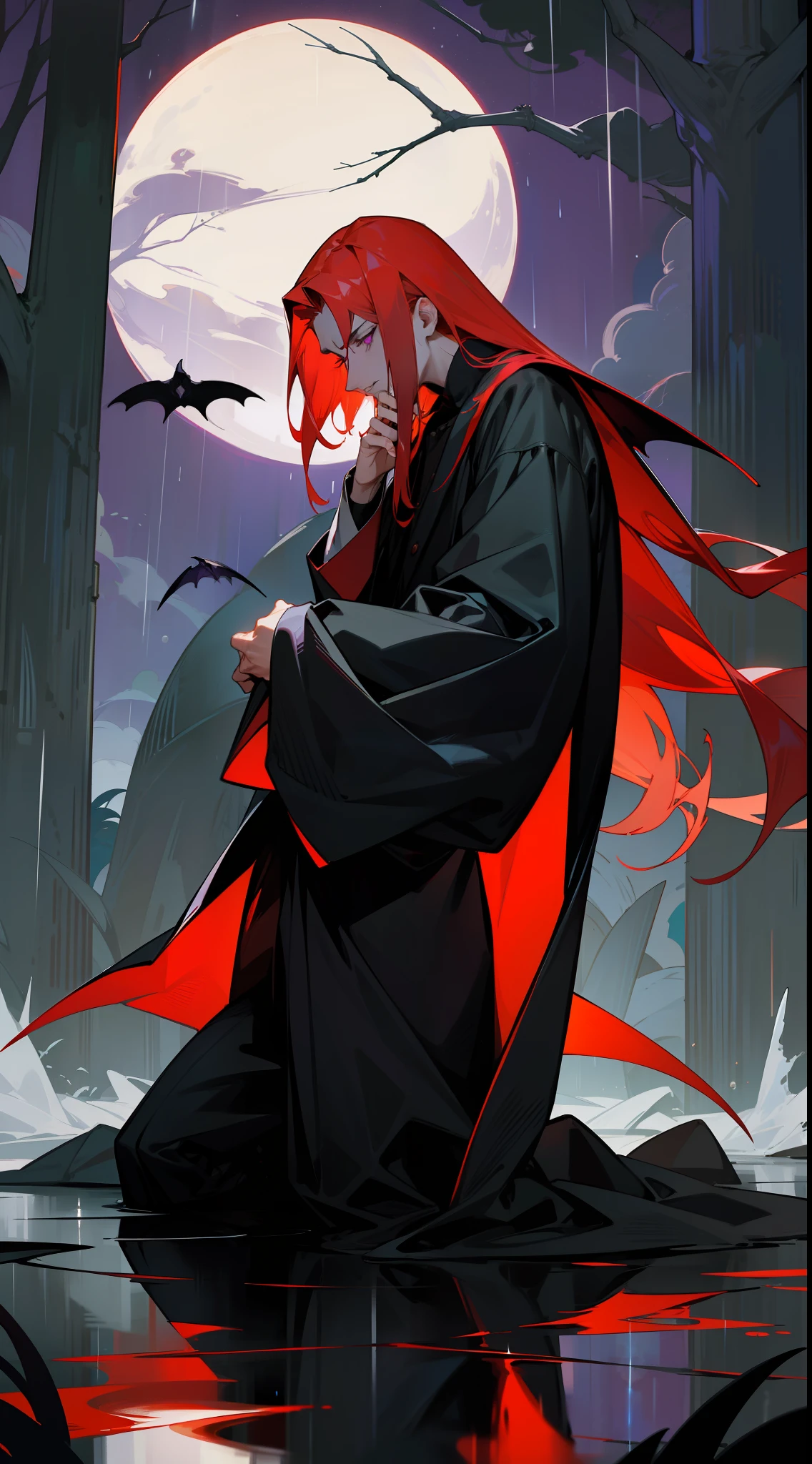 that's what a real vampire should look like! a tall, handsome 1man, with a pleasant narrow pale face, long straight red hair, purple eyes, he is dressed in a black shirt and a raincoat, like a classic Dracula. He is kneeling on the dark grass, one of his hands is also lowered to the ground, demonstrating long fingers and a sharp manicure. His face is sad and exhausted, and his free hand covers half of his face. On the background is a dark forest, night, rain, a shadow is superimpose