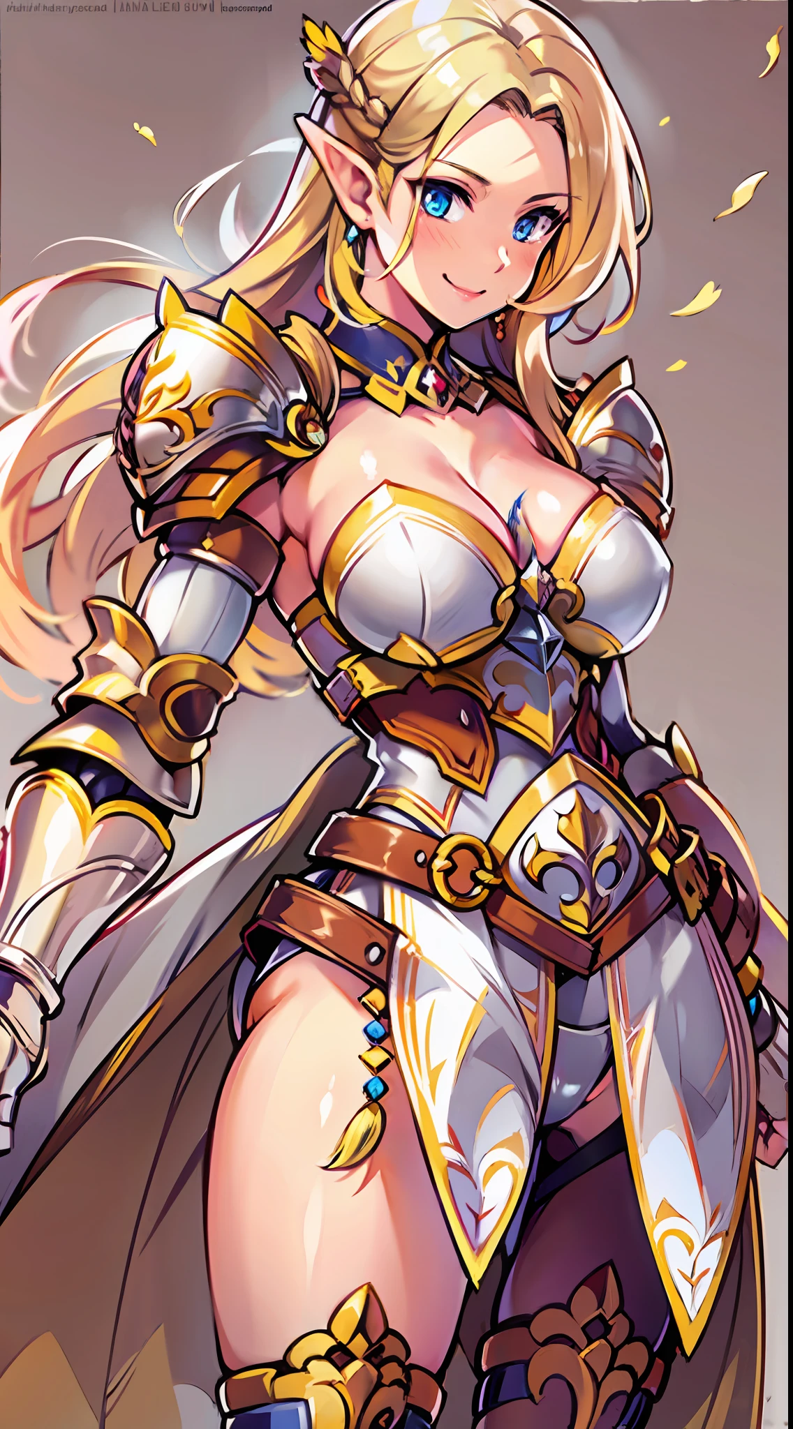 Elven knight, fantasy, plate gauntlets, plate greaves, butt cape, blonde hair, smiling, large sword, action pose, bikini armor, pasties, busty, plate boots, delicate, soft features, beautiful detailed face, shiny skin, elegant, beautiful, messy bun, thick thighs, large ass, huge breasts:1.3, upper body, thick, skindentation