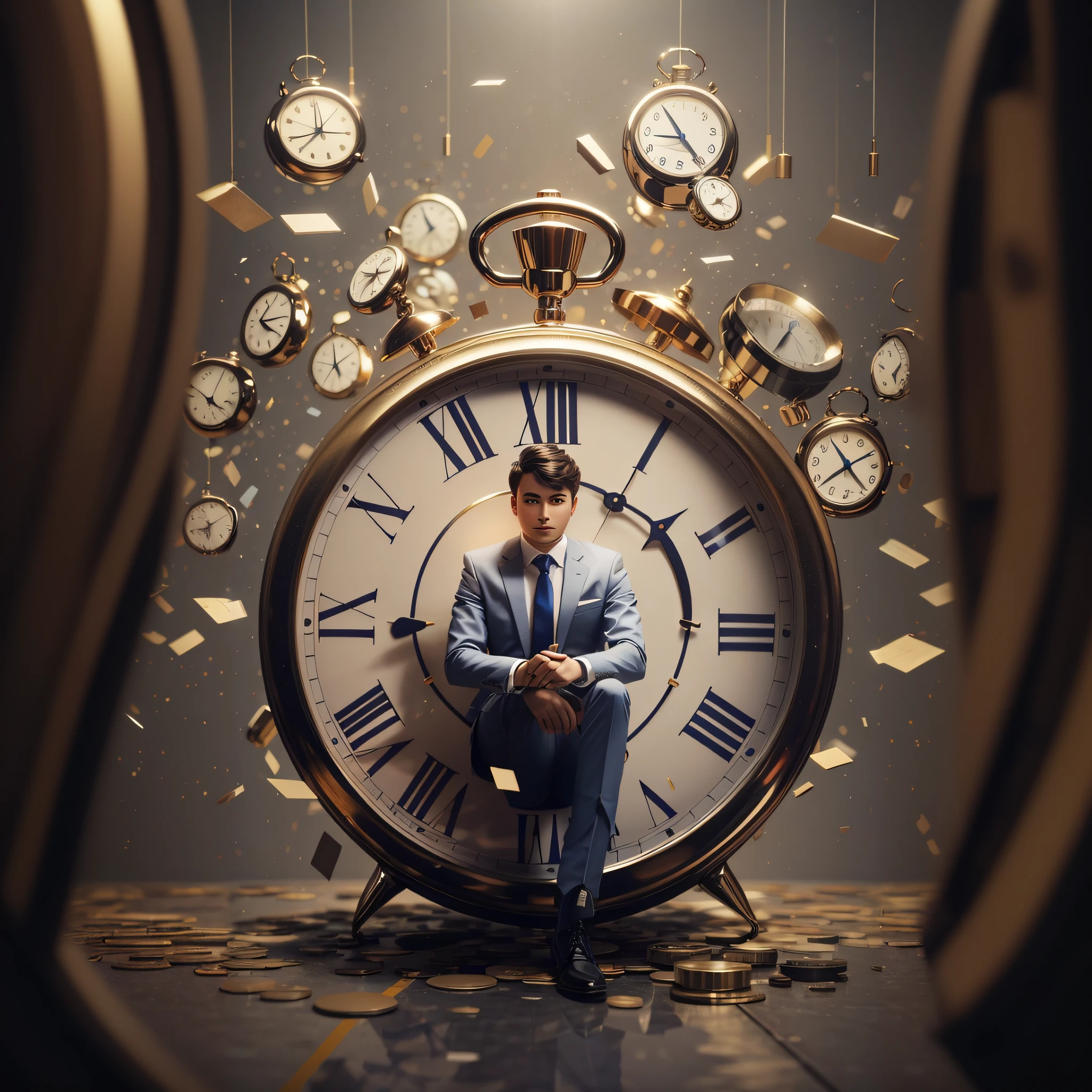 Arafed man sitting on a clock surrounded by clocks, time is running out, Em busca do tempo perdido, o tempo se arrastando por muito tempo, memory trapped in eternal time, photo rendering, time does not exist anymore, huge mechanical clocks, big clock, viajante do tempo, Directed by: Zlatyu Boyadzhiev, time consumes us all, A passagem do tempo